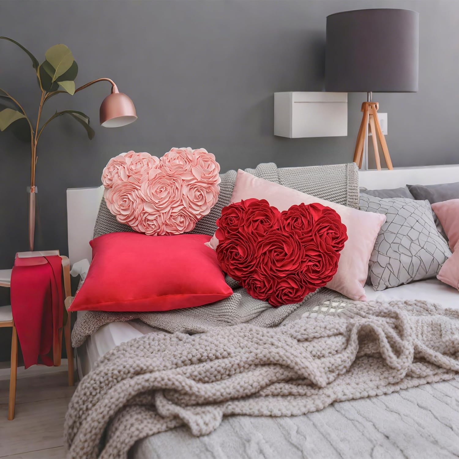 JW 3D Rose Flowers Accent Pillows Decorative Wool Heart Shaped Handmade Cushions for Home Sofa Car Bed Room Office Chair Wedding Travel Decor Pillowcases Girl Gifts 13 X 16 Inch Red image number 1