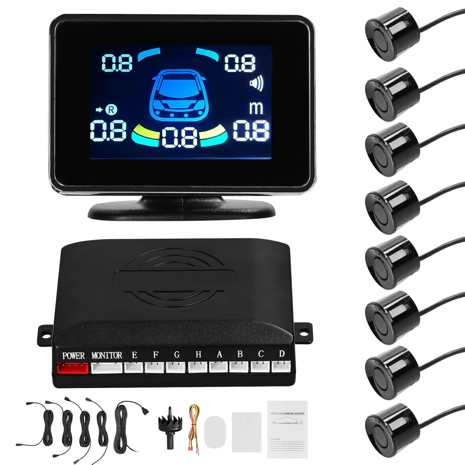 ACAGALA Car Parking Sensor Reversing Radars System Front & Rear Support Sound Warning/Buzzer/Mute with 8 Parking Sensors Distance Detection LCD Distance Display Volumes Adjustable image number 2