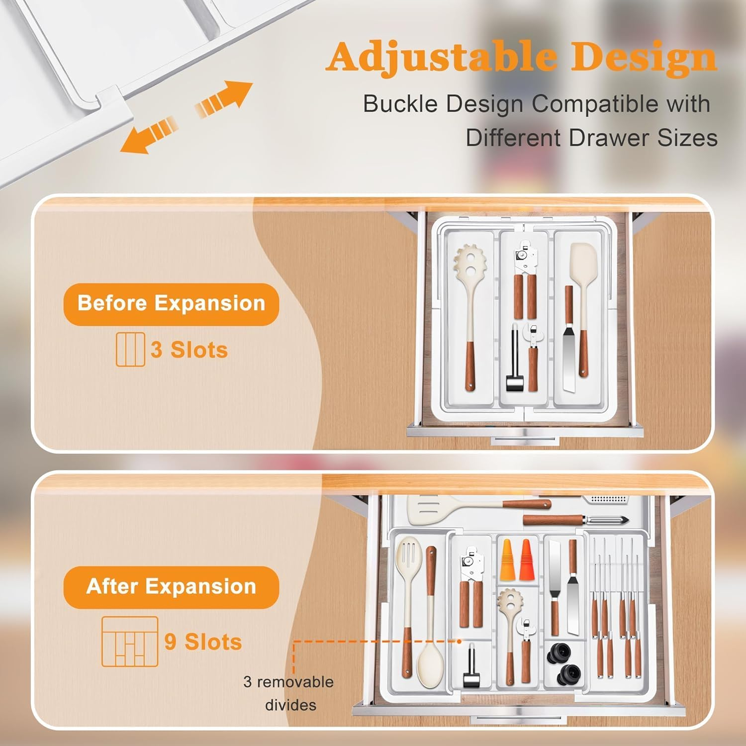 Expandable Cutlery Drawer Organiser, Adjustable Flatware and Utensil Tray for Kitchen，Kitchen Drawer Utensil Organizer, Expandable Cutlery Tray, 3 Dividers(White) image number 6