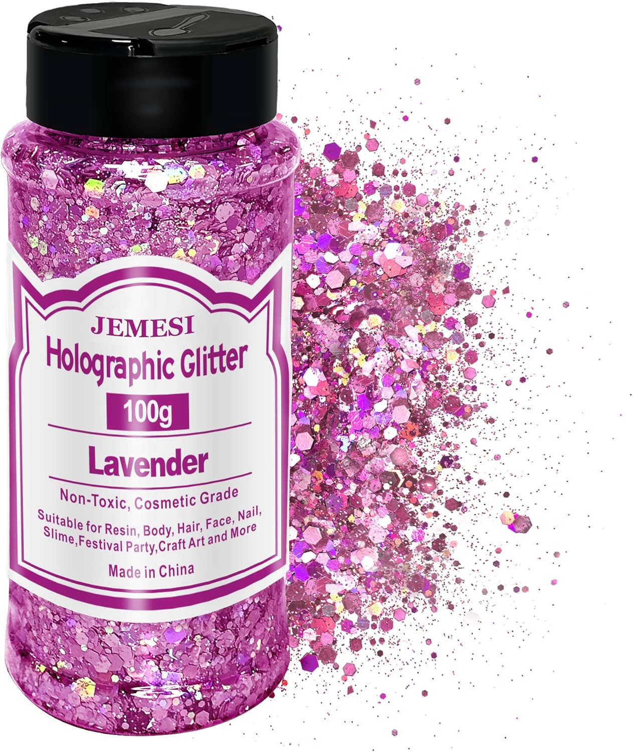 JEMESI Holographic Chunky Glitter, Black 100 G Chunky Sequins Glitter, Craft Glitter for Resin, Face, Nail, Body, Crafts, Slime Festival Party Art, Glitter Powder for Nails Glitter