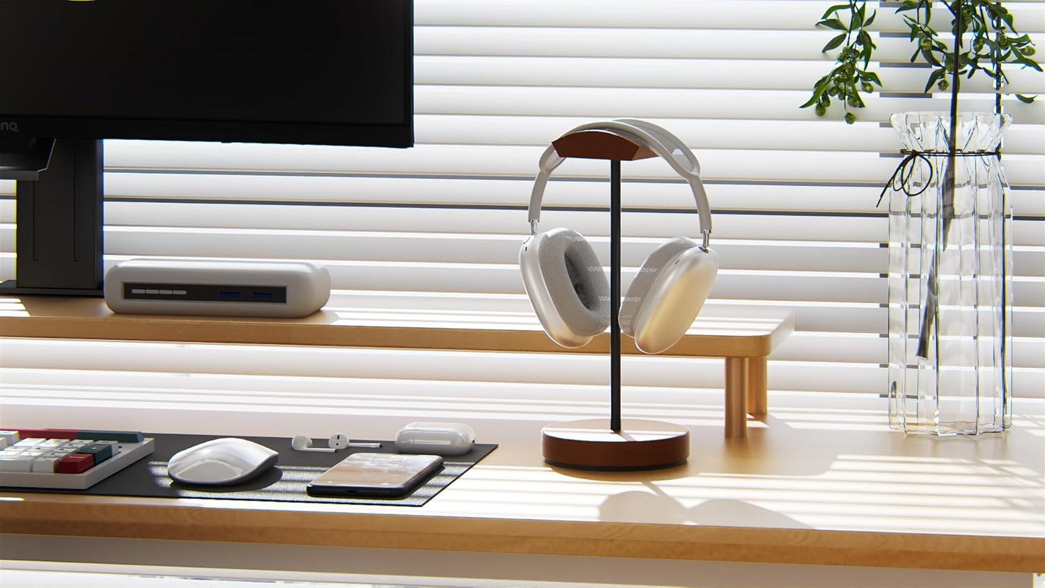 Wigmoa SS-M Wooden Headphone Stand &ndash; Solid Wood & Aluminum Headset Holder, Desktop Earphone Hanger with Sturdy Base, Stylish Gaming & Office Headphone Mount for All Headsets. (Walnut/Black) image number 6