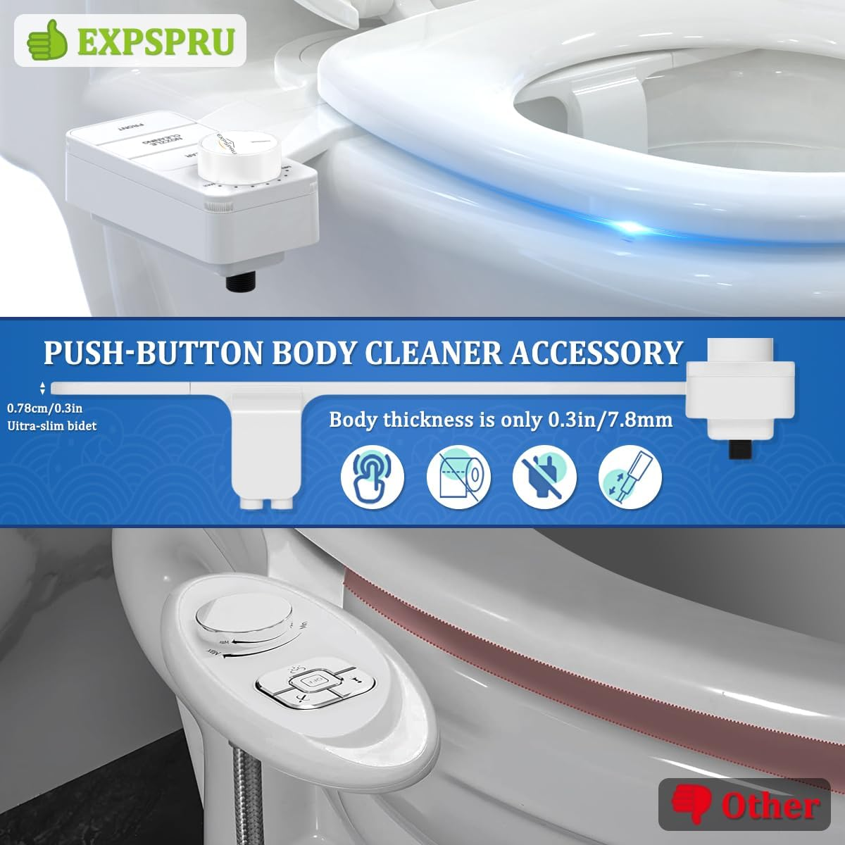 Expspru Bidet Attachment for Toilet,Self Cleaning Non-Electric Dual Nozzle (Frontal & Rear Wash),Ultra-Slim Cold Water Bidet Toilet Seat Attachment with Pressure Controls,White image number 4