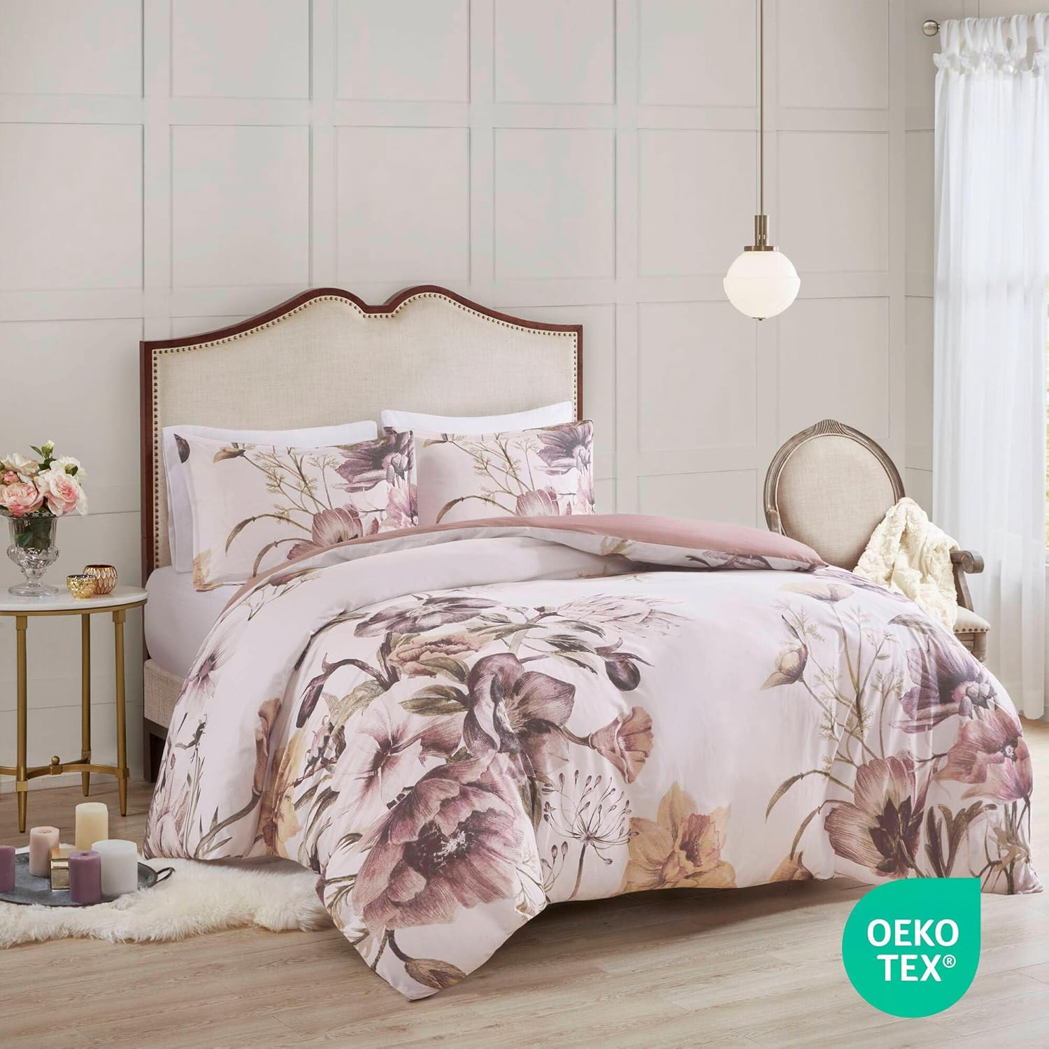 Madison Park Cotton Blend Duvet Set Beautiful Floral Design, All Season, Breathable Comforter Cover Bedding Set, Matching Shams, King/Cal King(104"X92"), Blush 3 Piece image number 6