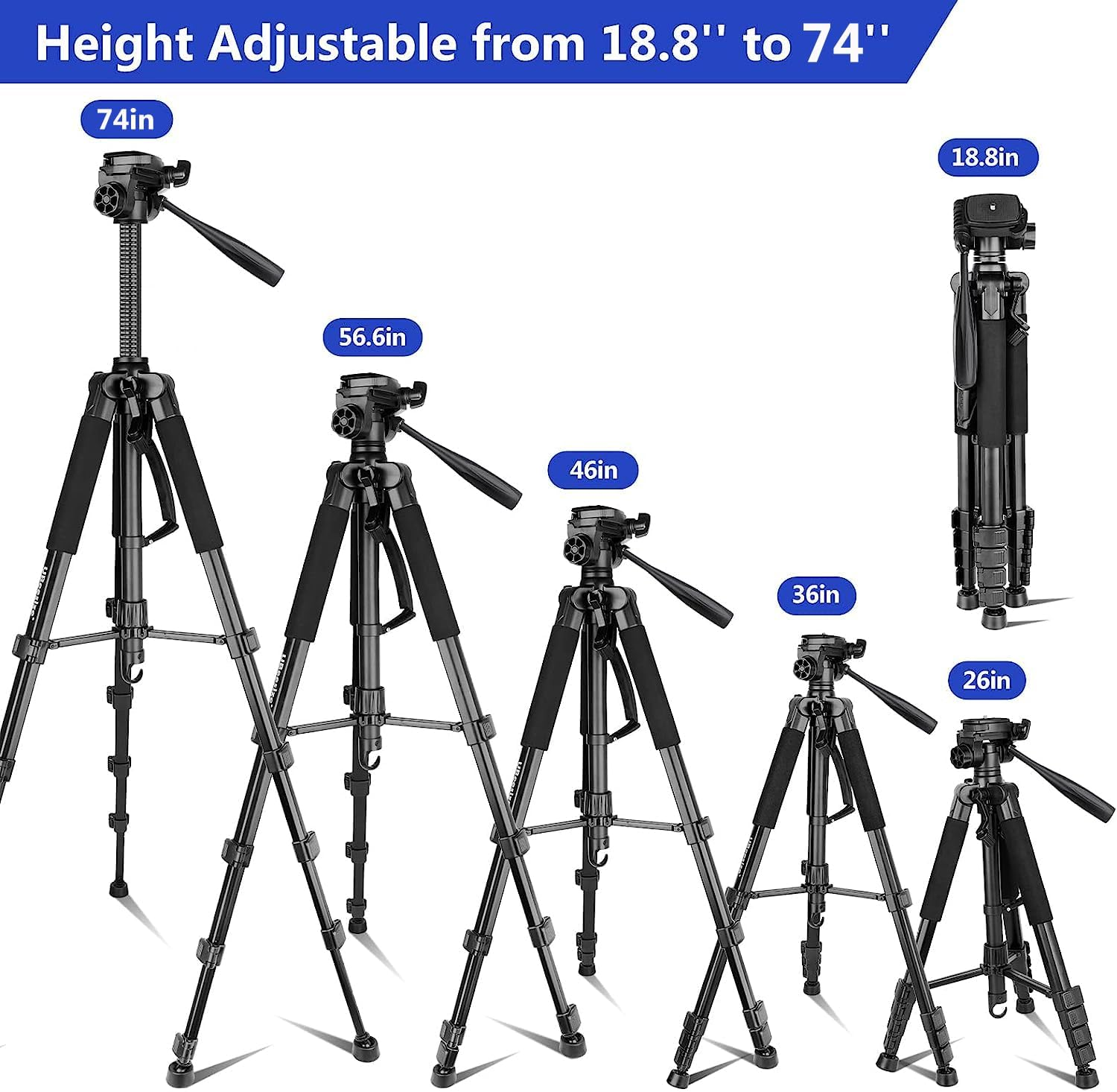 Aureday 74&rsquo;&rsquo; Camera Tripod with Travel Bag,Cell Phone Tripod with Wireless Remote and Phone Holder, Compatible with DSLR Cameras,Cell Phones,Projector,Webcam,Spotting Scopes(Black) image number 3