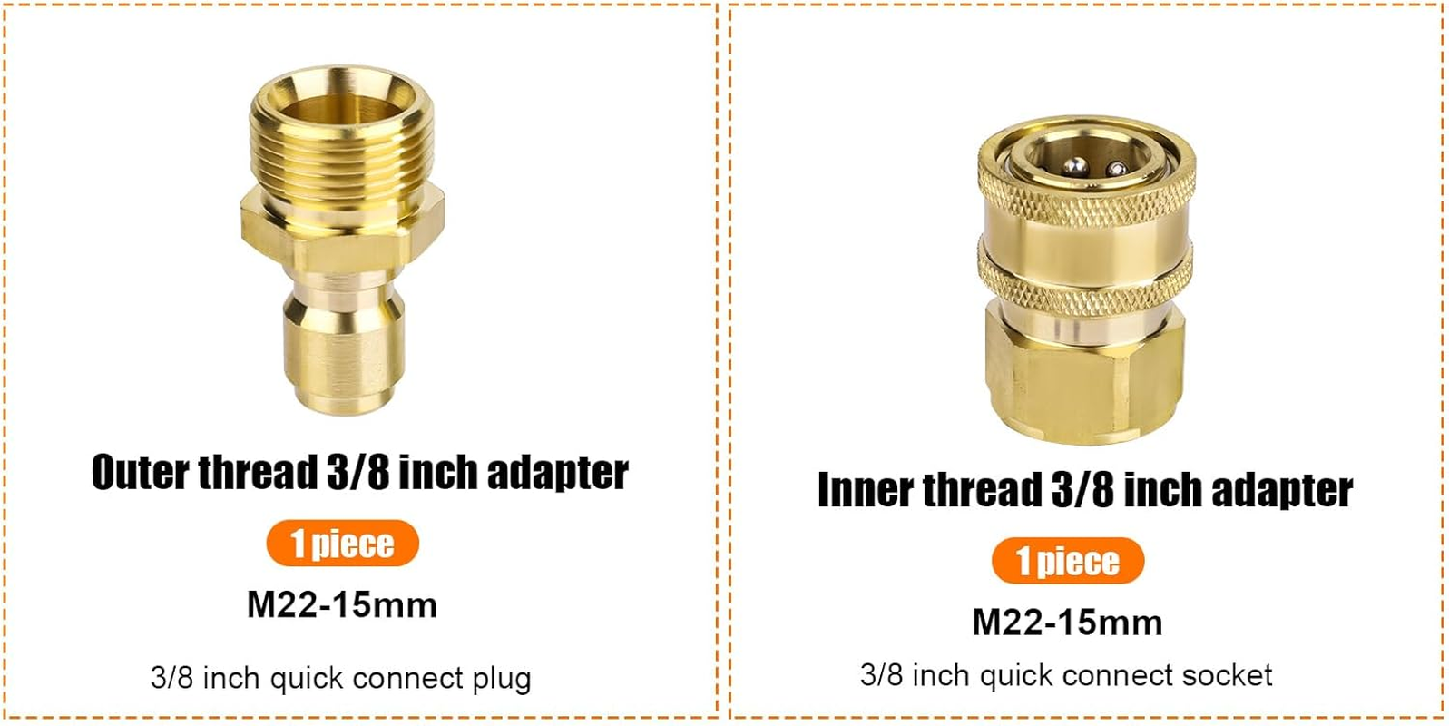 NQEUEPN 2Pcs Pressure Washer Adapter Set, M22 15Mm to 3/8" Quick Disconnect Kit Pressure Washer Coupler Quick Connect Hose Fittings for Power Washer Gun Hose Pump, 5000 PSI