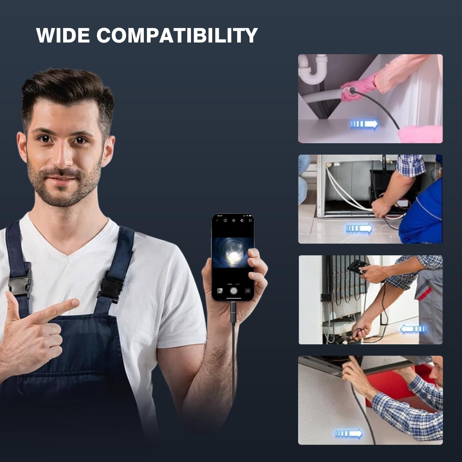 Endoscope Camera, Inspection Camera with Dual-Lens, 1920P HD Borescope IP67 Waterproof Draincamera for Ios and Android Phone, 8+1 Adjustable Leds, Semi-Rigid Sewercamera for Automotive 5M/16.4Ft