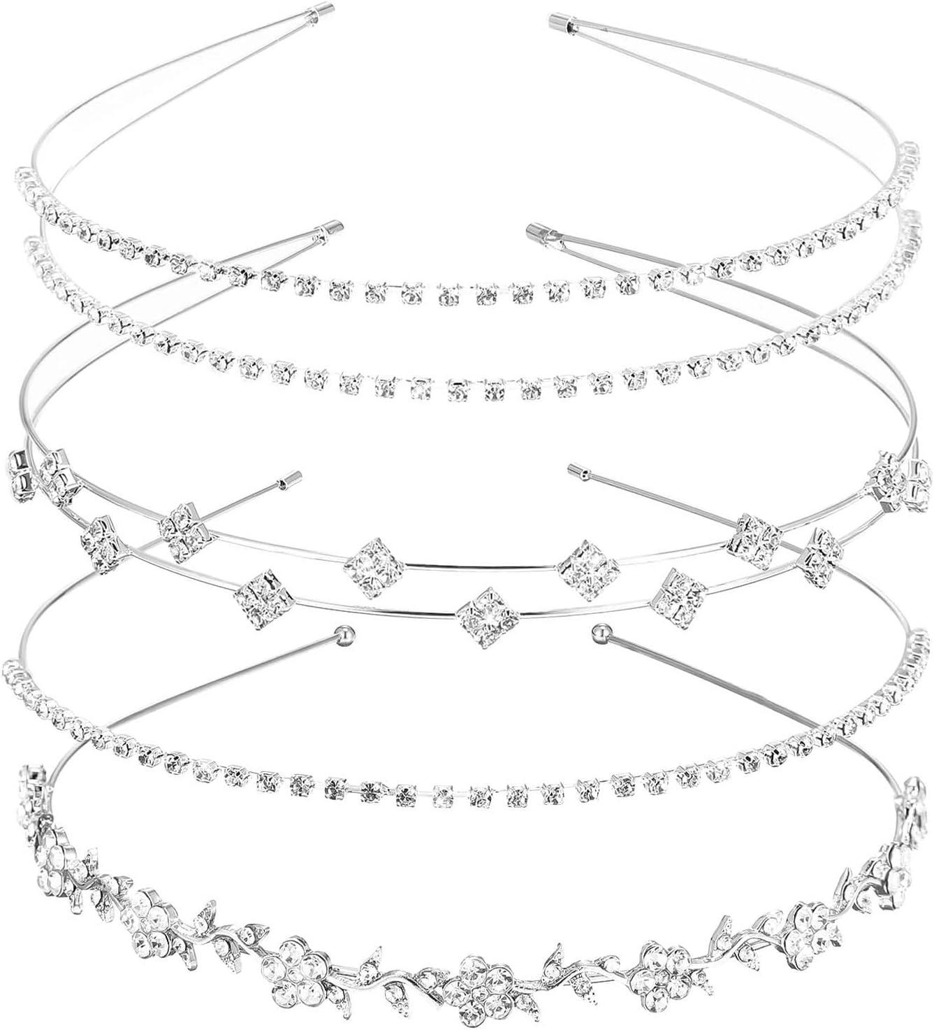 4Pcs Rhinestone Headband Silver Bridal Wedding Headband Crystal Flower Girl Leaves Crown Metal Hair Band Tiara Prom Hair Accessories Flower Leaf Headpiece for Women Girls Gift, Common, Metal image number 1