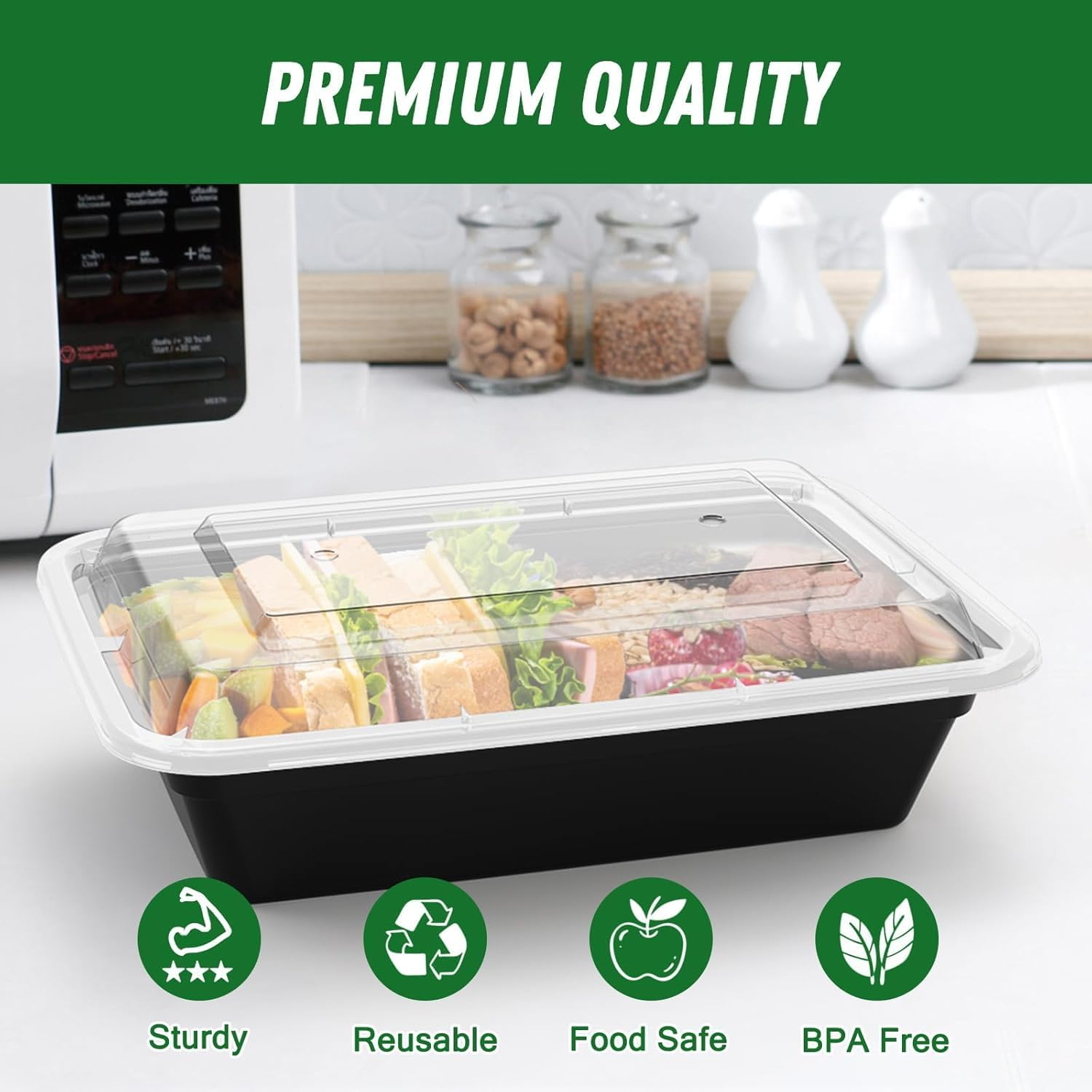 Meal Prep Containers (34 Oz) Reusable with Easy Open Lids, Microwave Freezer Dishwasher Safe, Sturdy Leakproof Food Safe, to Go Take Out Plastic Food Storage Pans with Lids, Black (10 Pcs) image number 4