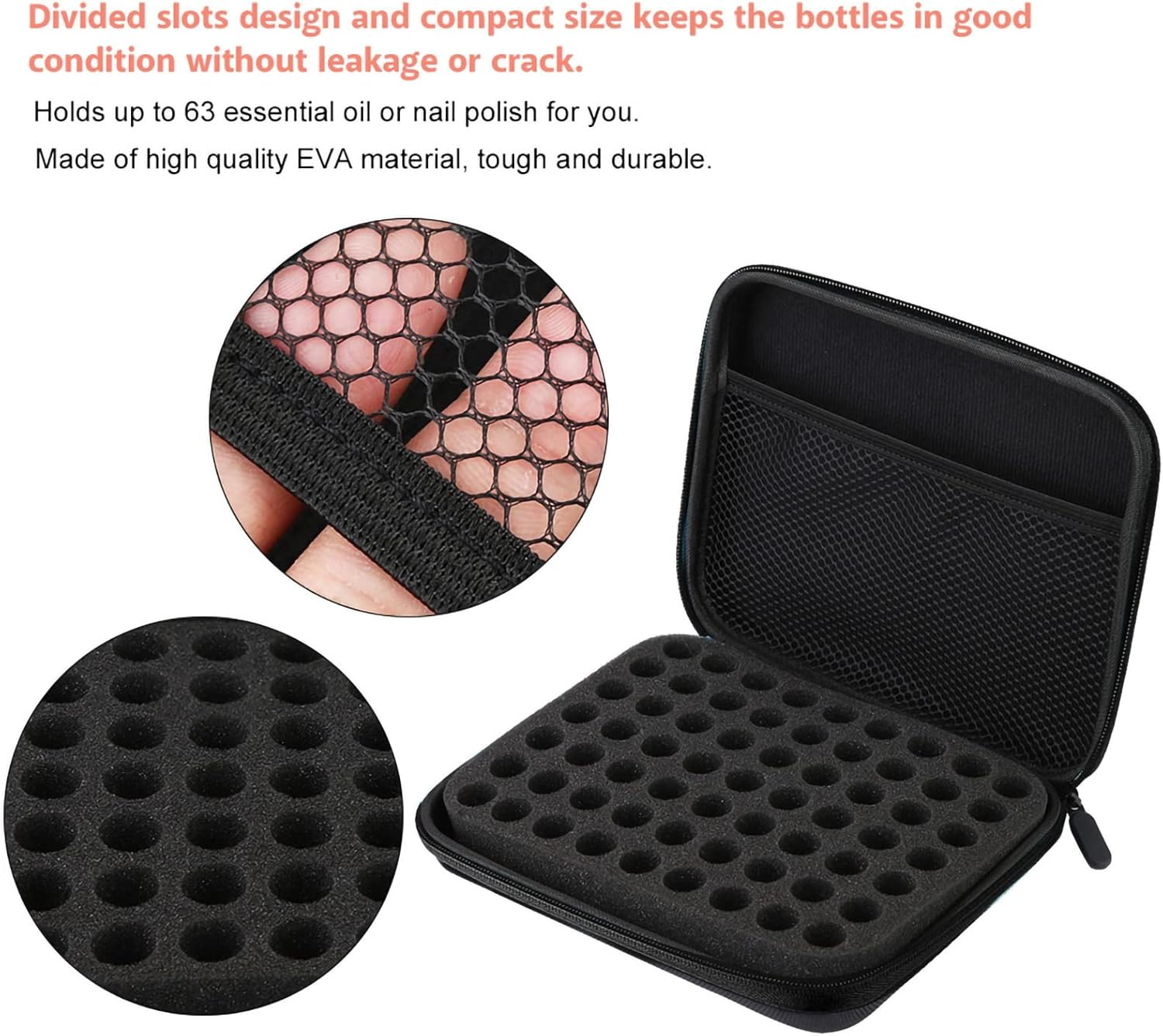 TREETDOBV 63 Slots Essential Oil Storage,Portable Aromatherapy Essential Oil Travel Protect Storage Bag Case Box Organizer for 1Ml, 2Ml, 3Ml Bottles Travel Storage Organizer Bag (Black) image number 2