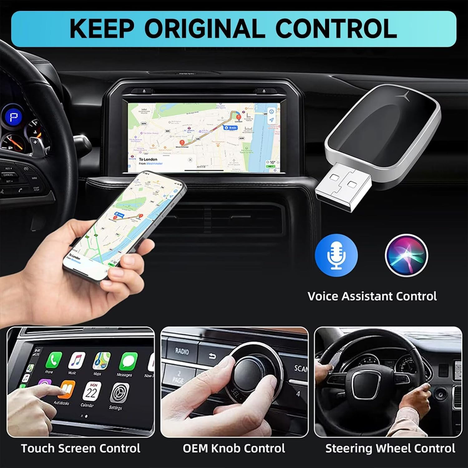 ZVCXOE Wireless Carplay Adapter for OEM Wired Carplay Cars Compatible with Ios 10+ and Android Auto 2 in 1 Plug and Play Mini USB Adapter with USB-C/A Cables Black image number 4