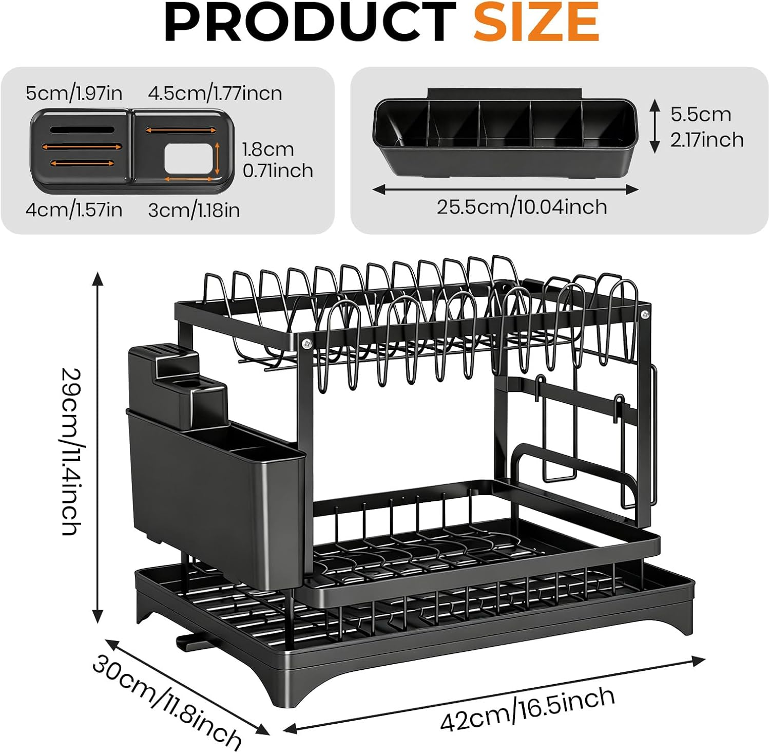 2 Tier Large Dish Drying Rack, Dish Drying Racks for Kitchen Counter Large Capacity Double-Layer Dish Drying Rack - with Knife/Utensil & Cutting Board Holder, Drainage Tray(Black) image number 6
