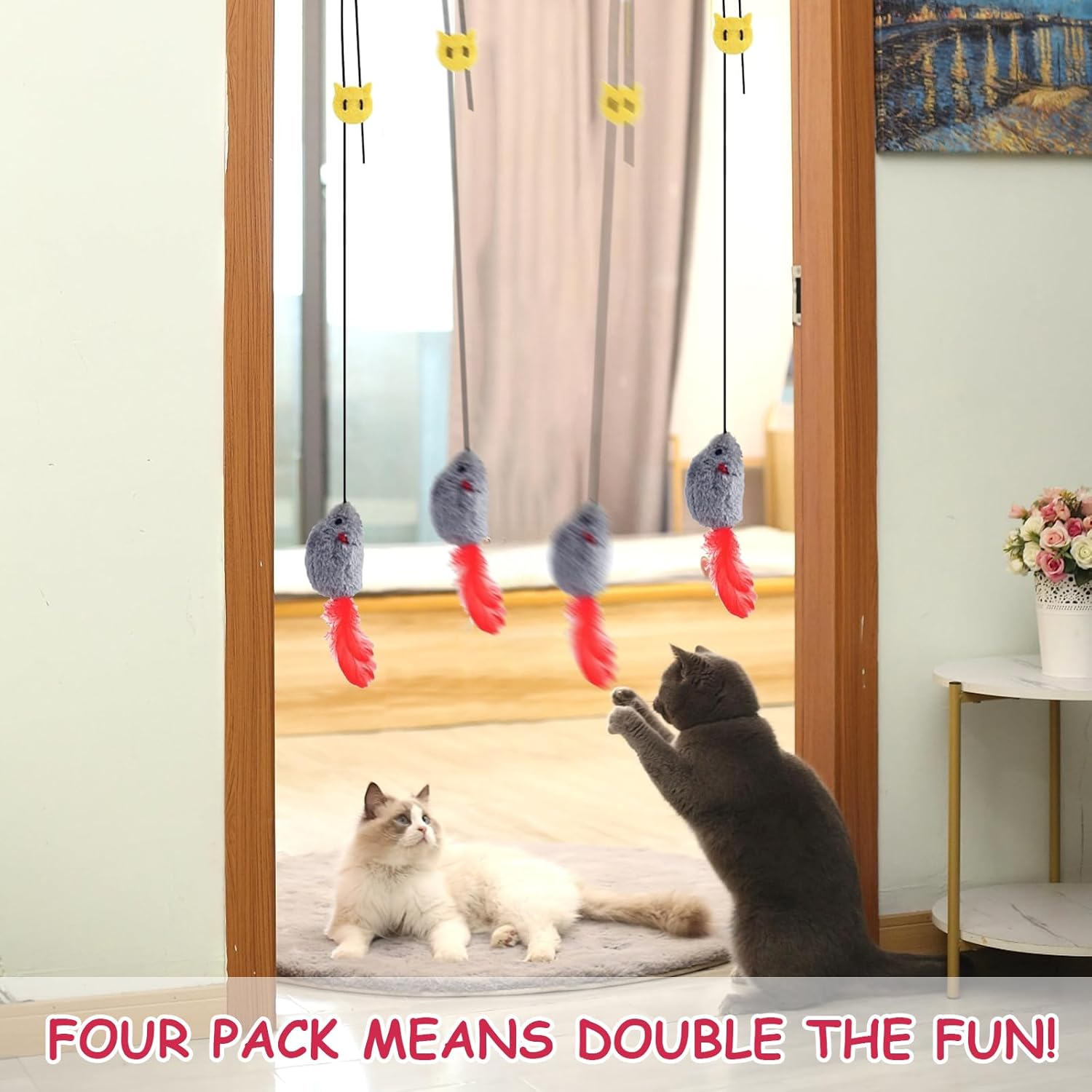 AOUZOVLI 4 Pieces Cat Toy Interactive Mouse Teaser Wand Hanging Door Frame with Squeaky Sound Realistic Mouse Design Feather Tail for Cat Run (Grey)