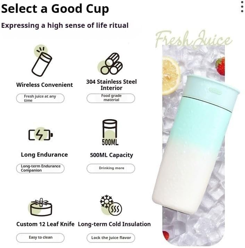 Portable Blender for Shakes & Smoothies with 500Ml Travel Cup, Stainless Steel Juicer Cup with Usb Charging - Thermal Insulation, Easy to Clean, Includes 1 Brush & Straw, for Outdoors Travel (Green)