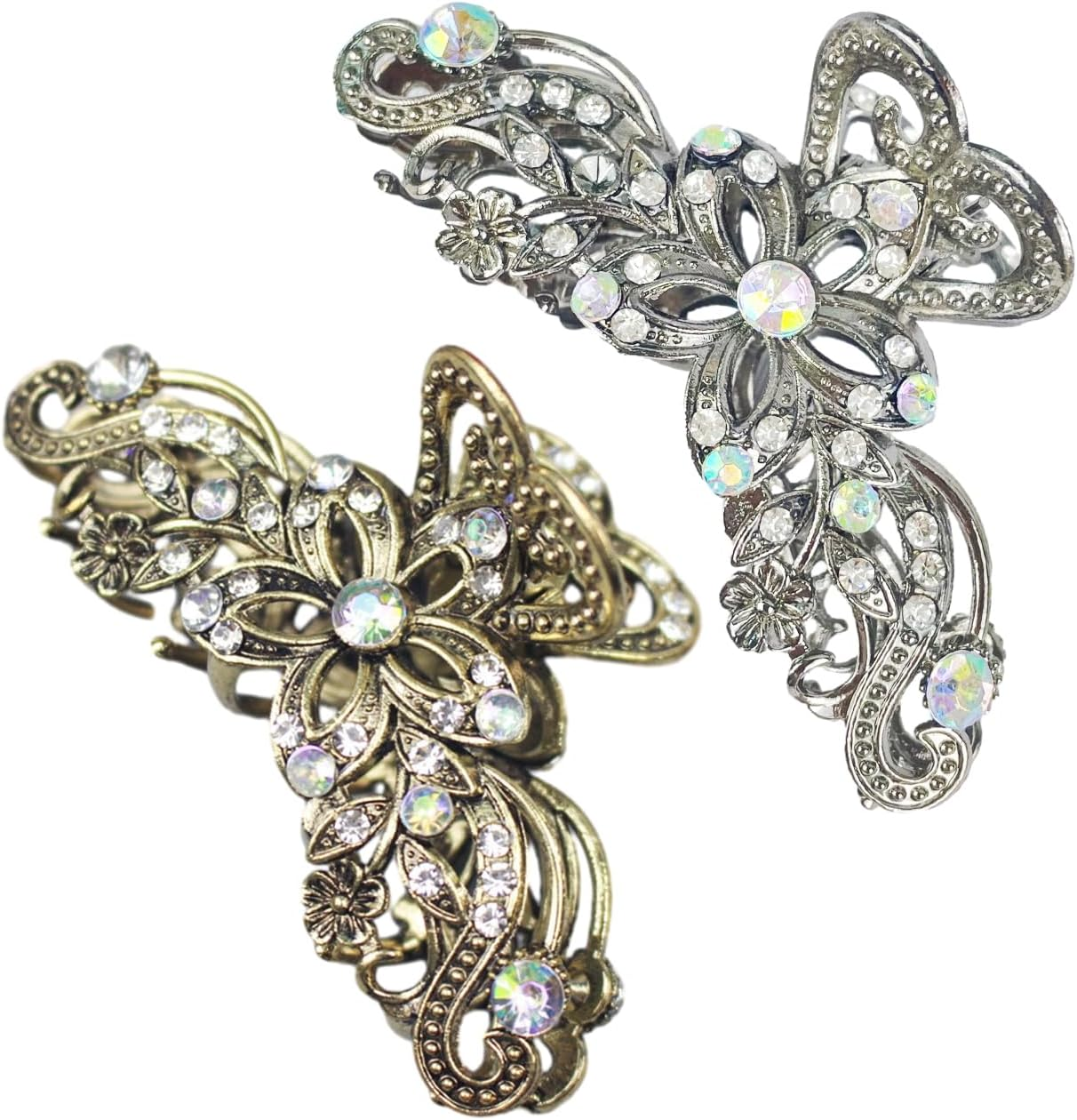 2 Pieces Vintage Shiny Rhinestone Hair Clips for Women Retro Style Non-Slip Fashion Accessories for Girls and Women (Gold, Silver)