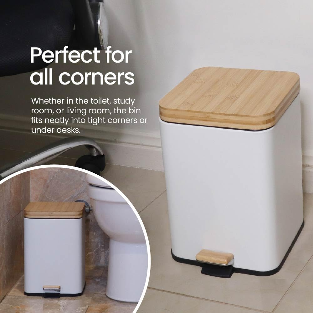 Eco Basics Square Rubbish Bin 6L, White &ndash; Eco-Friendly Waste Bin with Recycled Plastic, Bamboo Lid & Pedal, Soft Close, Compact Design for Toilets, Kitchens, Living Rooms & Small Spaces, 30X26X20Cm image number 2