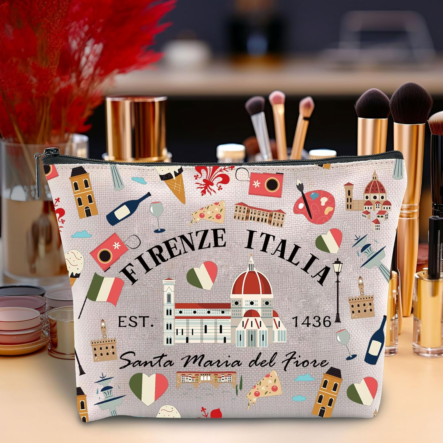 Zuo Bao Firenze Italia Florence Italy Makeup Bag Italian European Vacation Roma Italia Gift Florence Dome Fleur De Lis Cosmetic Bag, FIRENZE image number 3