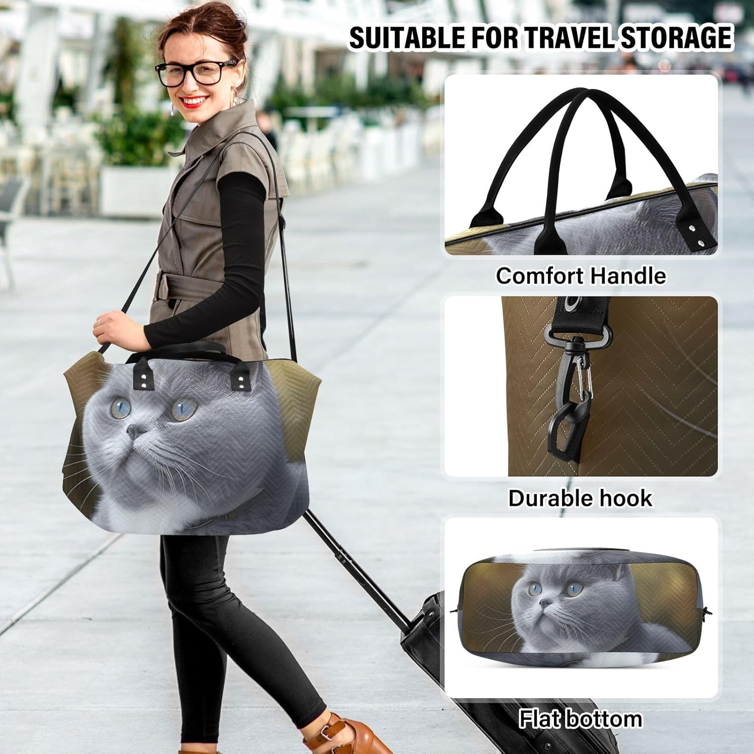 XYMZR Large Travel Duffel Bag, Grey Kitten Close up Sports Tote Gym Bag, Shoulder Weekender Overnight Bag for Women Men, Carry on Luggage with Toiletry Bags, Multi-Colored, Multi-Colored image number 4