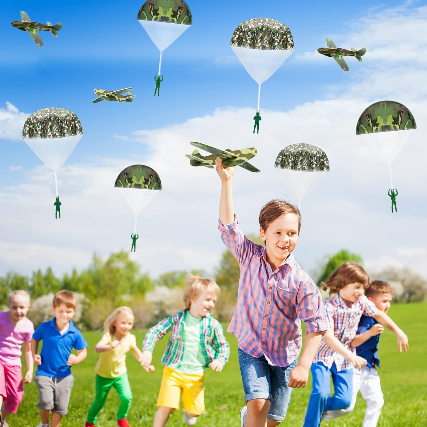 Jerify 20 PCS Parachute Toys and Camouflage Foam Airplanes Set, Parachute Army Men Toys Army Hand Throw and Foam Glider for Boys Outdoor Party Favors (Classic Style)