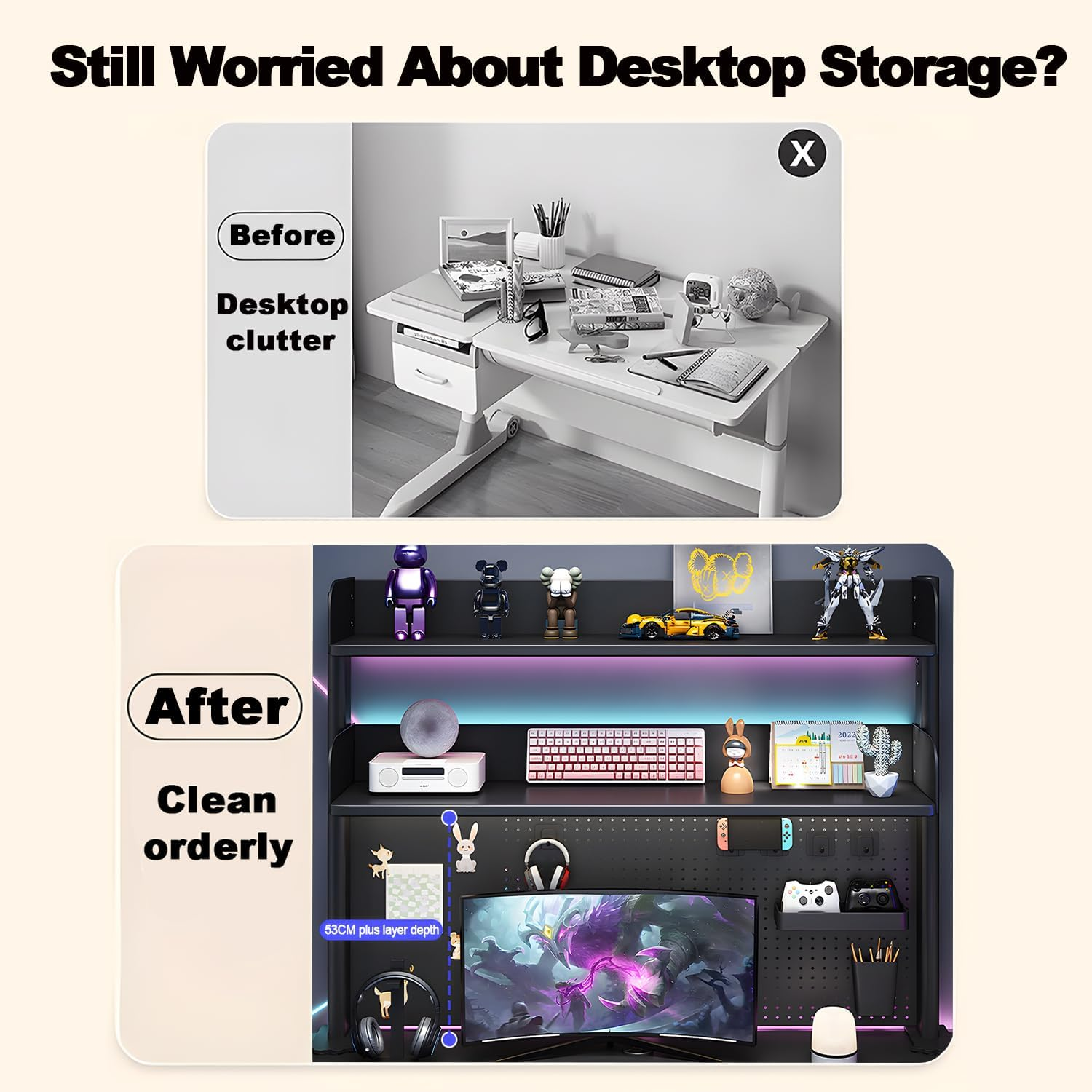 Clamp-On 31.5 Inch above or below Desk 3-Tier Shelving, Desk Organizer Shelf for Office Accessories, Gaming Devices with 20 Pieces Storage Accessories (Black) image number 3