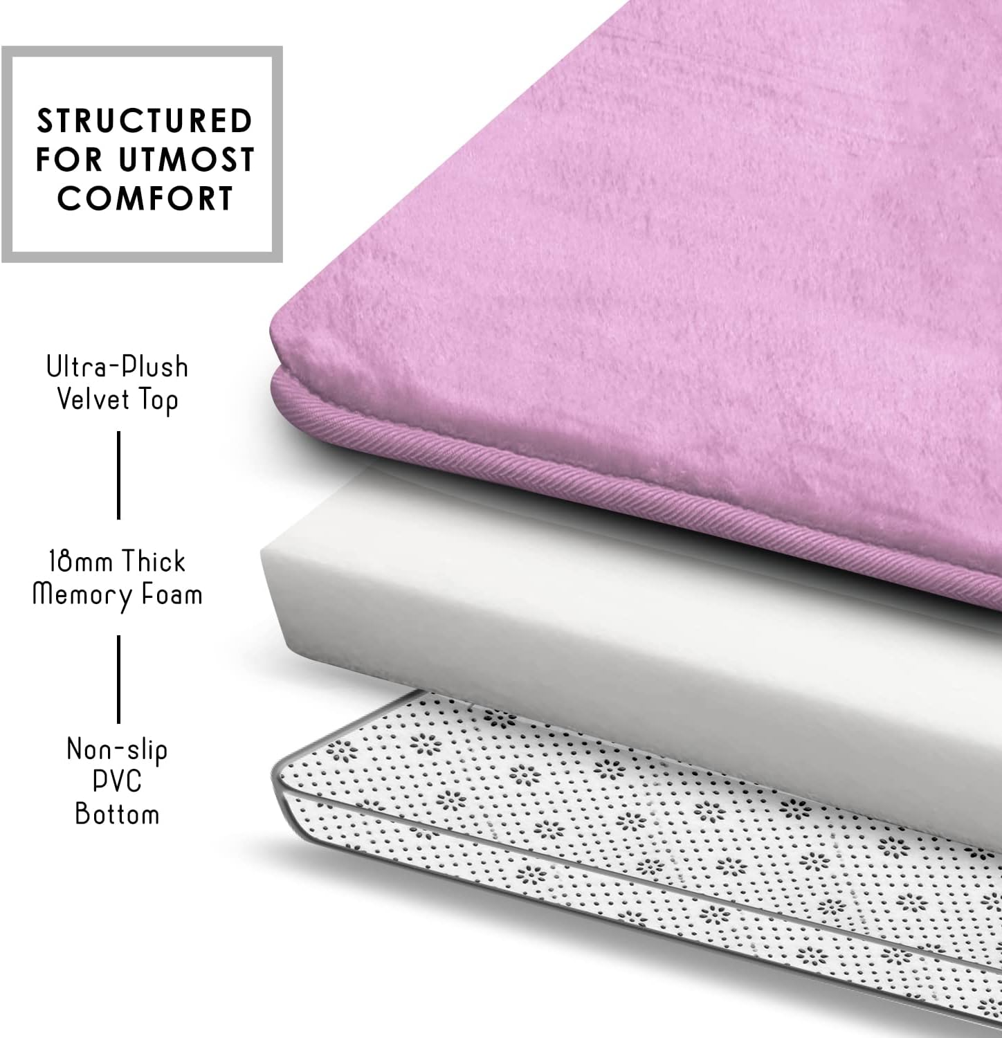 Clara Clark 3 Piece Bathroom Rugs Bath Mat Set, Velvet Memory Foam Bath Mats for Bathroom - Non-Slip, PVC Backing Bath Rugs, Washable - Dries Quickly, Lavender image number 3