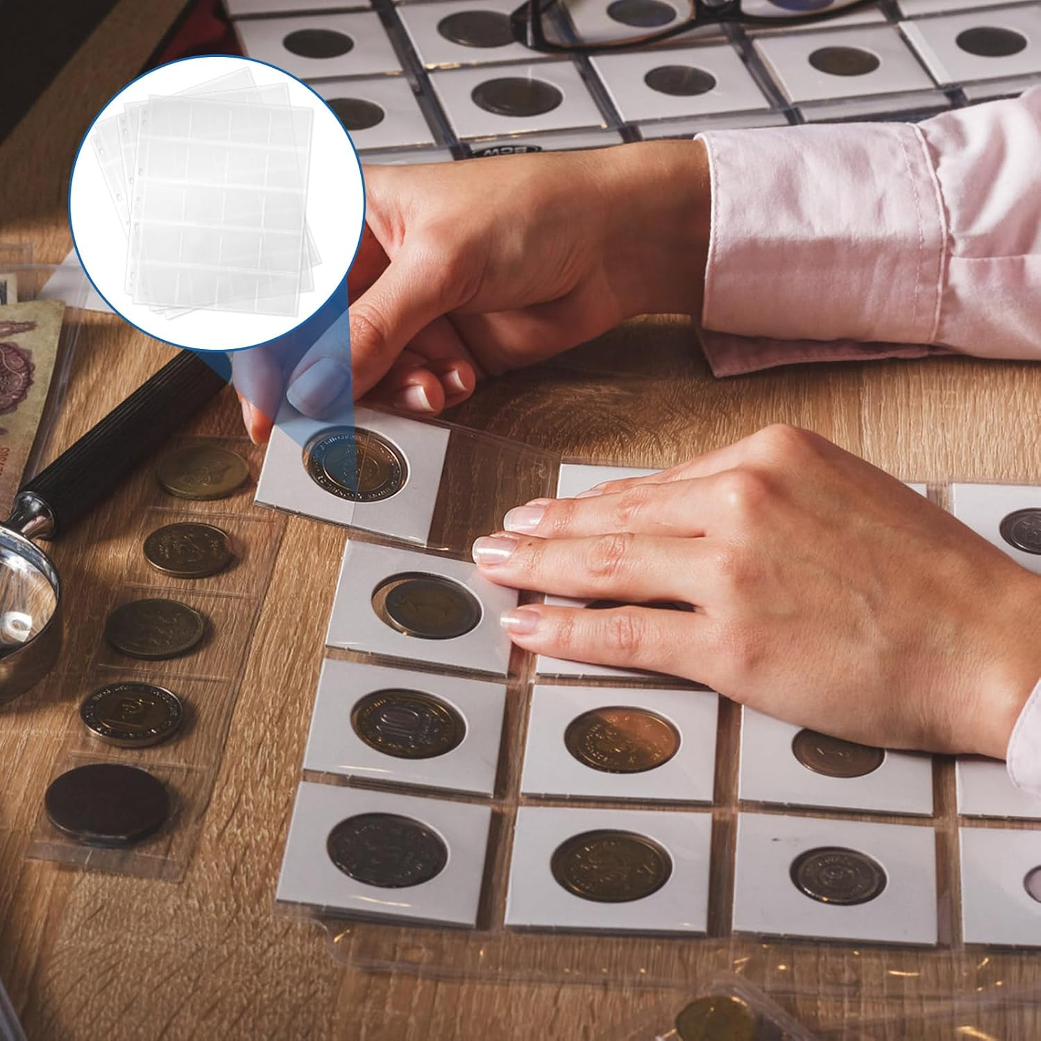 Sekonow 48 Sheets Coin Flip Sleeves for 3 Ring Binder, (2X2In, 960 Pockets), Photo Slide Page Protectors, Top Loading Clear Cardboard Coin Holder Organizer Collection Supplies image number 4