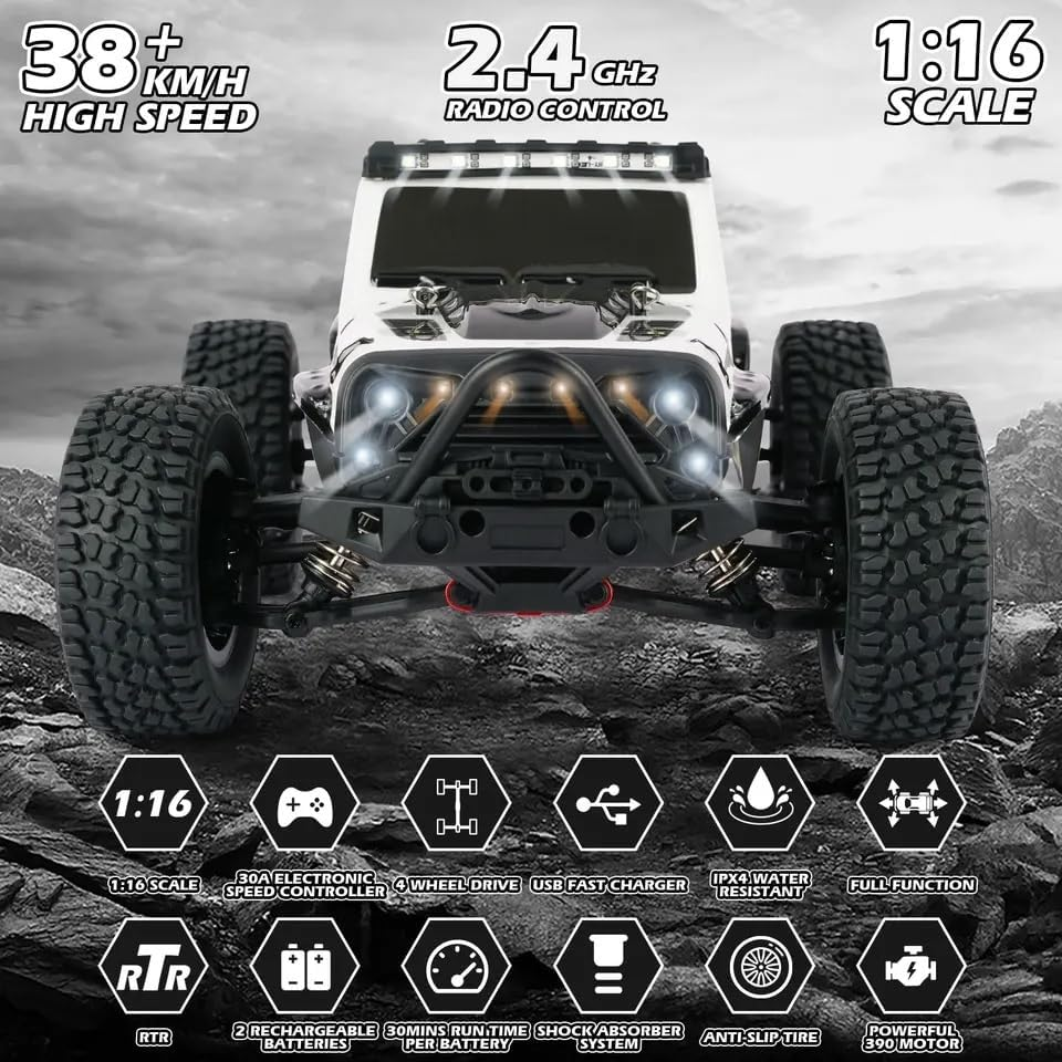 Shabee 38+ Km/H High Speed, 1:16 Scale Remote Control Car, 4WD All Terrain Monster Truck 2.4 Ghz Radio Controlled off Road 4X4 RC Car for Boys and Adults, RC Cars, Trucks with 2 Rechargeable Battery image number 5