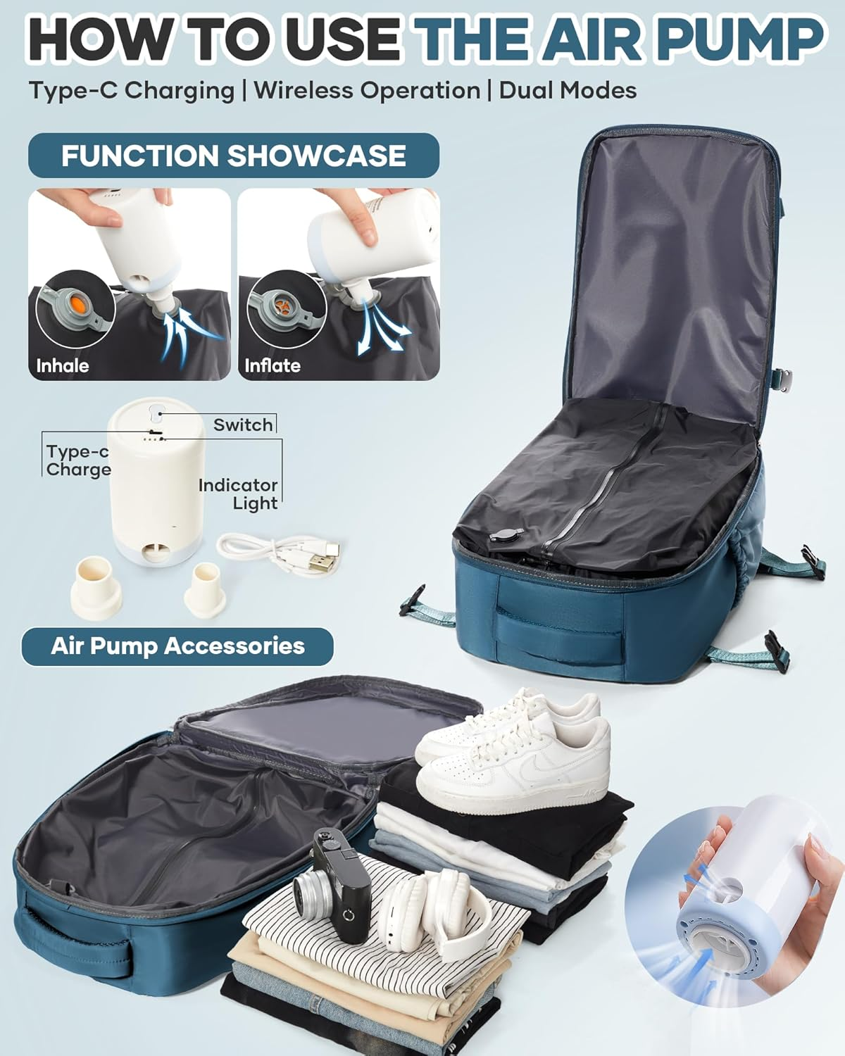 KEYEMP Vacuum Seal Backpack for Clothing Travel with Air Pump Waterproof Laptop Airback Carry on Backpack