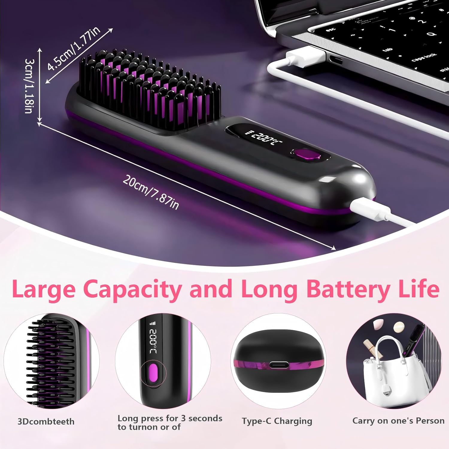 Cordless Hair Straightener Brush - Portable Straightening Comb for Travel Fast Heating USB-C Rechargeable, Smoother, Lightweight On-The-Go, Gift Styling Brush for Women, Mini Hair Straightener Comb image number 6