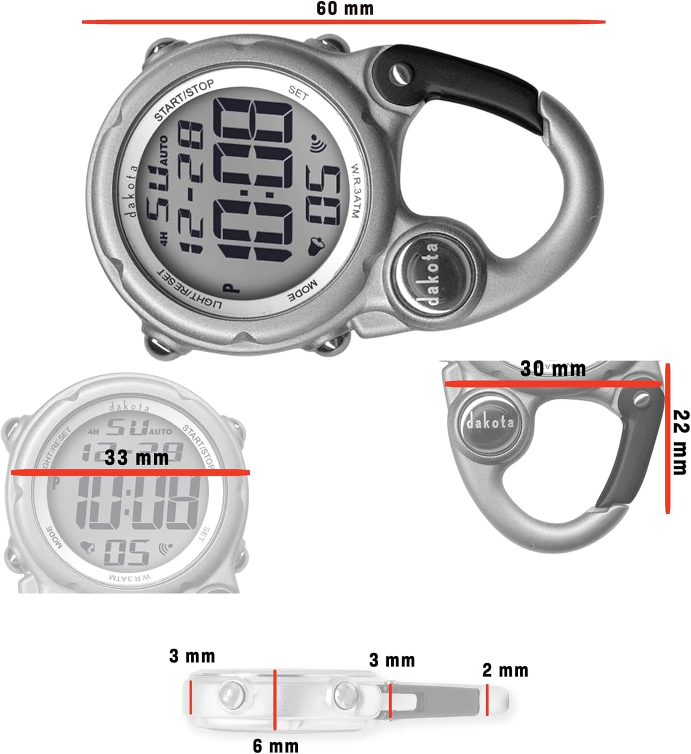 Dakota Digital Mini Clip, Alarm, Stop Watch, Timer and Dual Time, Quality Fob and Pocket Watch, Premium Durability Outdoor Gifts for Men and Women, Tactical Digital Clip on Watch - Silver image number 3