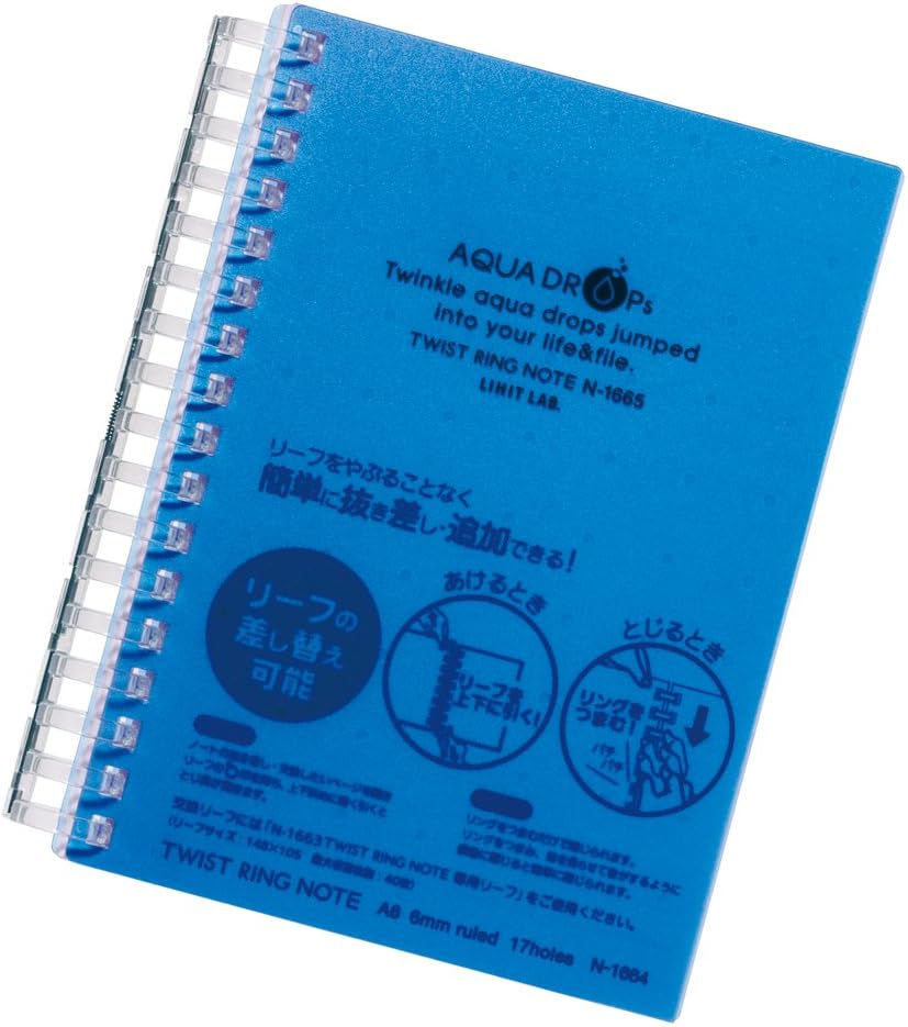 Lihit Lab N1664-8_10 Twist Notebook, A6, 17 Holes, 30 Leaves, Blue, 10 Packs