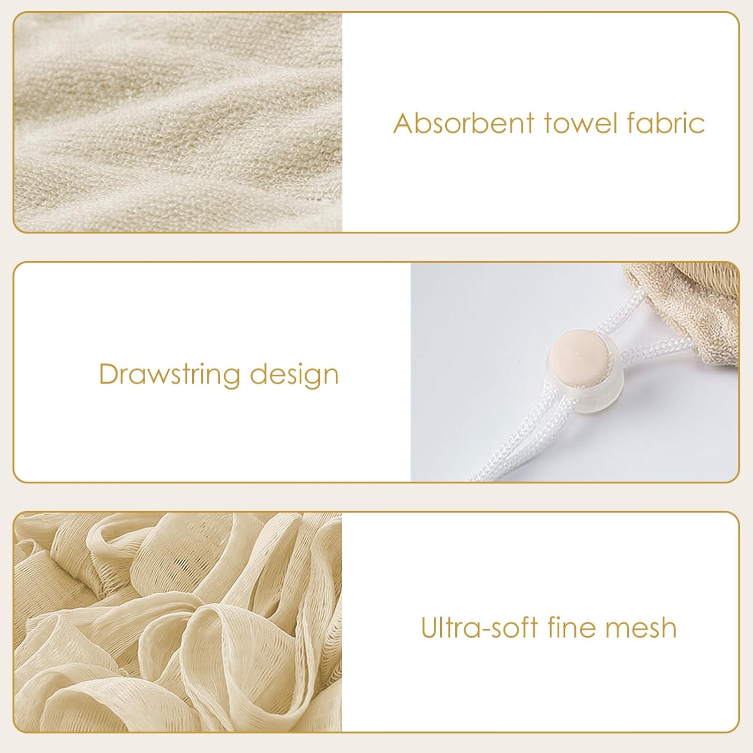 Reignsword 3 Pack 2-In-1 Washcloth Loofah Combo, Exfoliation Bath Loofah Sponge with Drawstring, Mesh Shower Ball for Body Wash and Cleanse Skin (Greeen+Purple+Beige) image number 2