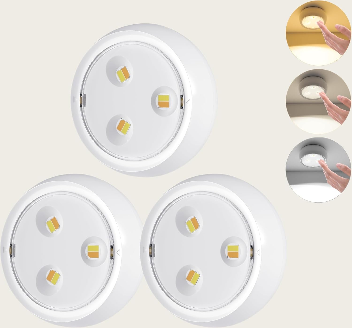 Touch LED Puck Lights, Wall Lighting Fixtures, Portable under Cabinet Lighting, Battery Operated Powered, DIY Stick on Light Wireless, Closet Kitchen Warm White, 3 Color