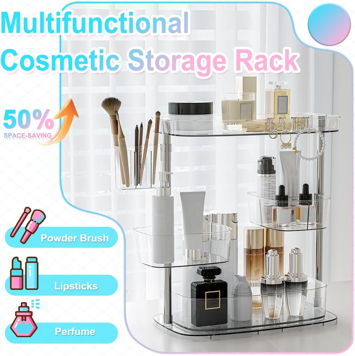 Amorvolat 360 Rotating Makeup Organizer with 3 Adjustable Makeup Carousel Spinning Holder Rack - Large Cosmetic Storage for Bathroom Countertop - Cosmetic Display Case for Lipstick, Brushes, Skincare