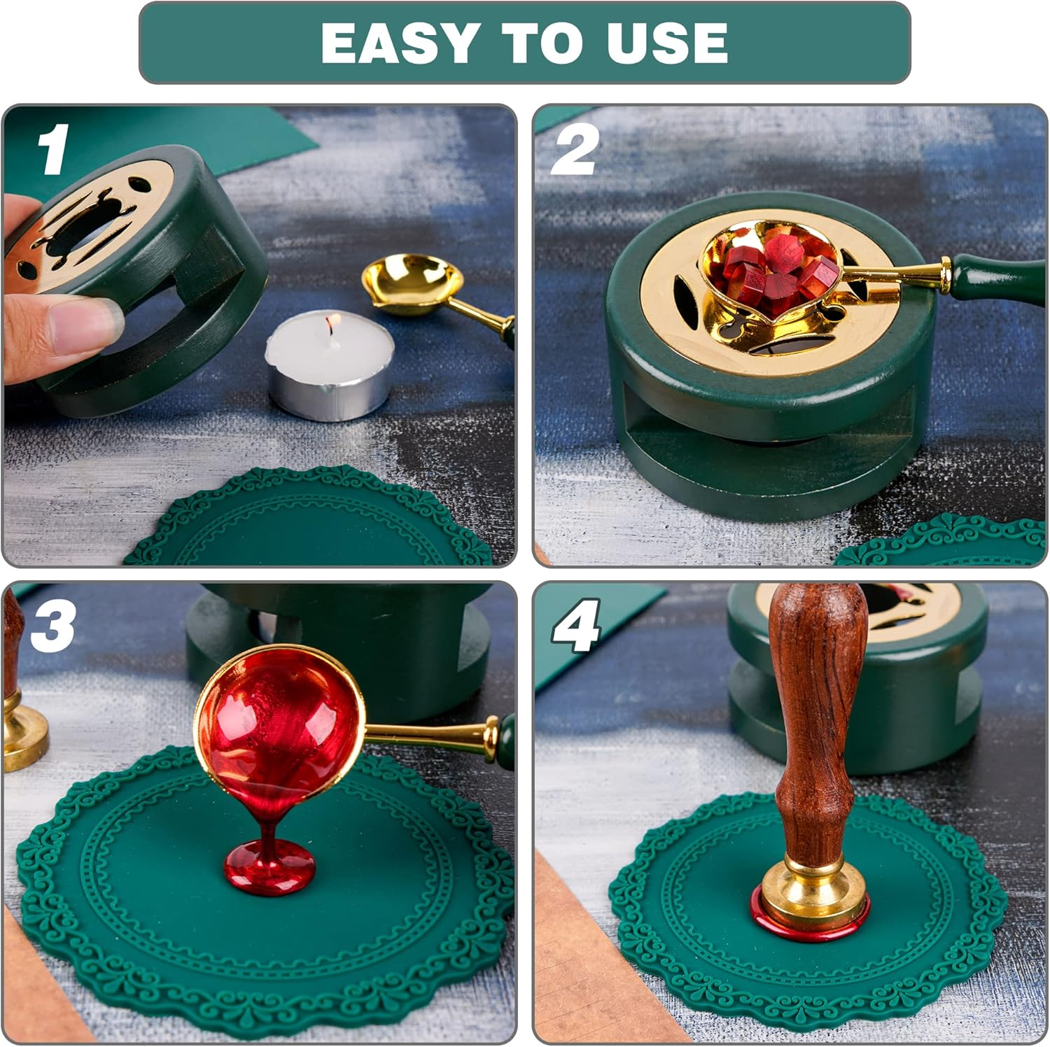Wax Seal Kit with Furnace, Spoon, and Silicone Pad for Melting Beads or Sealing Sticks (Green) image number 5