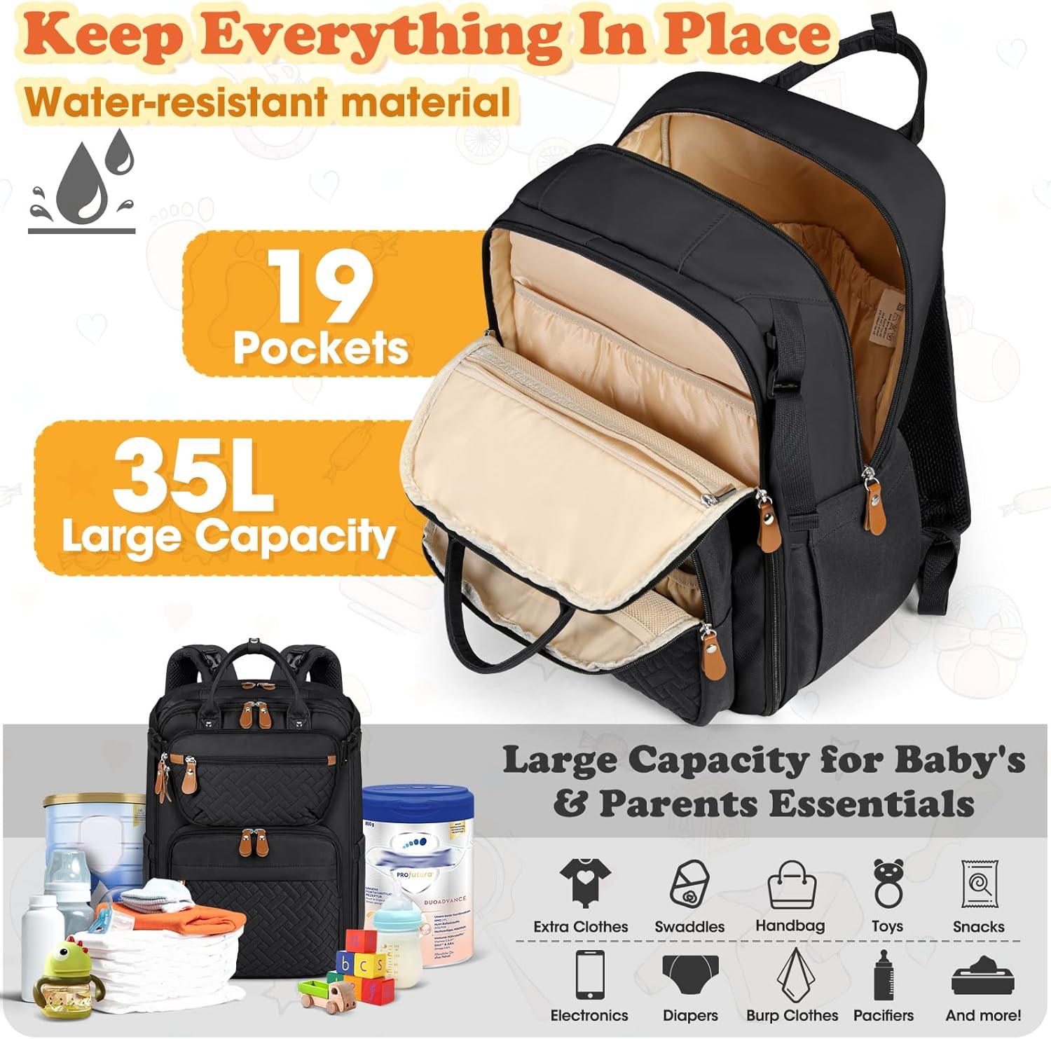 Diaper Bag Backpack, Large Waterproof Baby Bag with Changing Pad, Detachable Crossbody Bag & Stroller Straps Travel Diaper Backpack for Moms Dads Unisex Baby Essentials Organizer image number 5