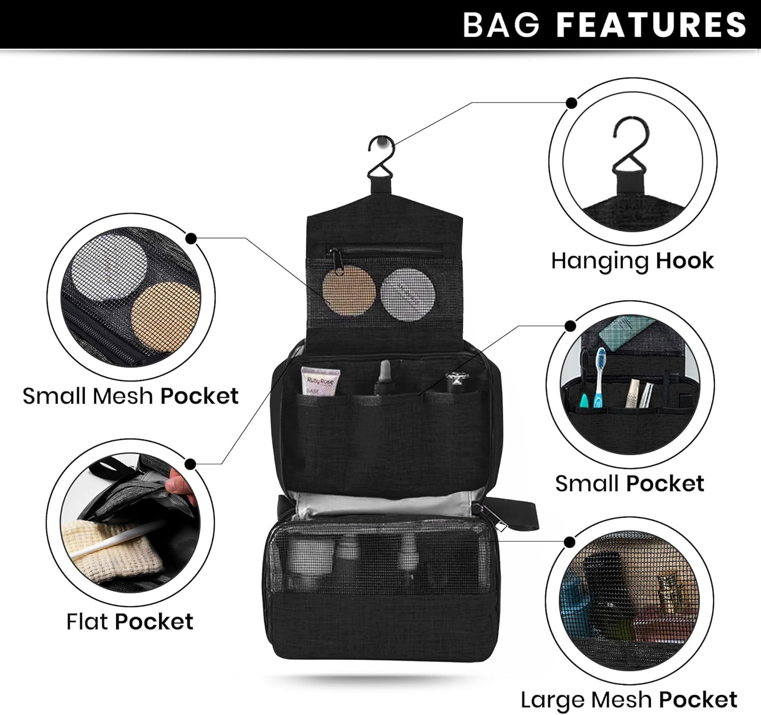 Small Compact Travel Hanging Toiletry Bag, Mini Carry on Toiletry Bag for Men and Women, Toiletries, Water Resistant, Black