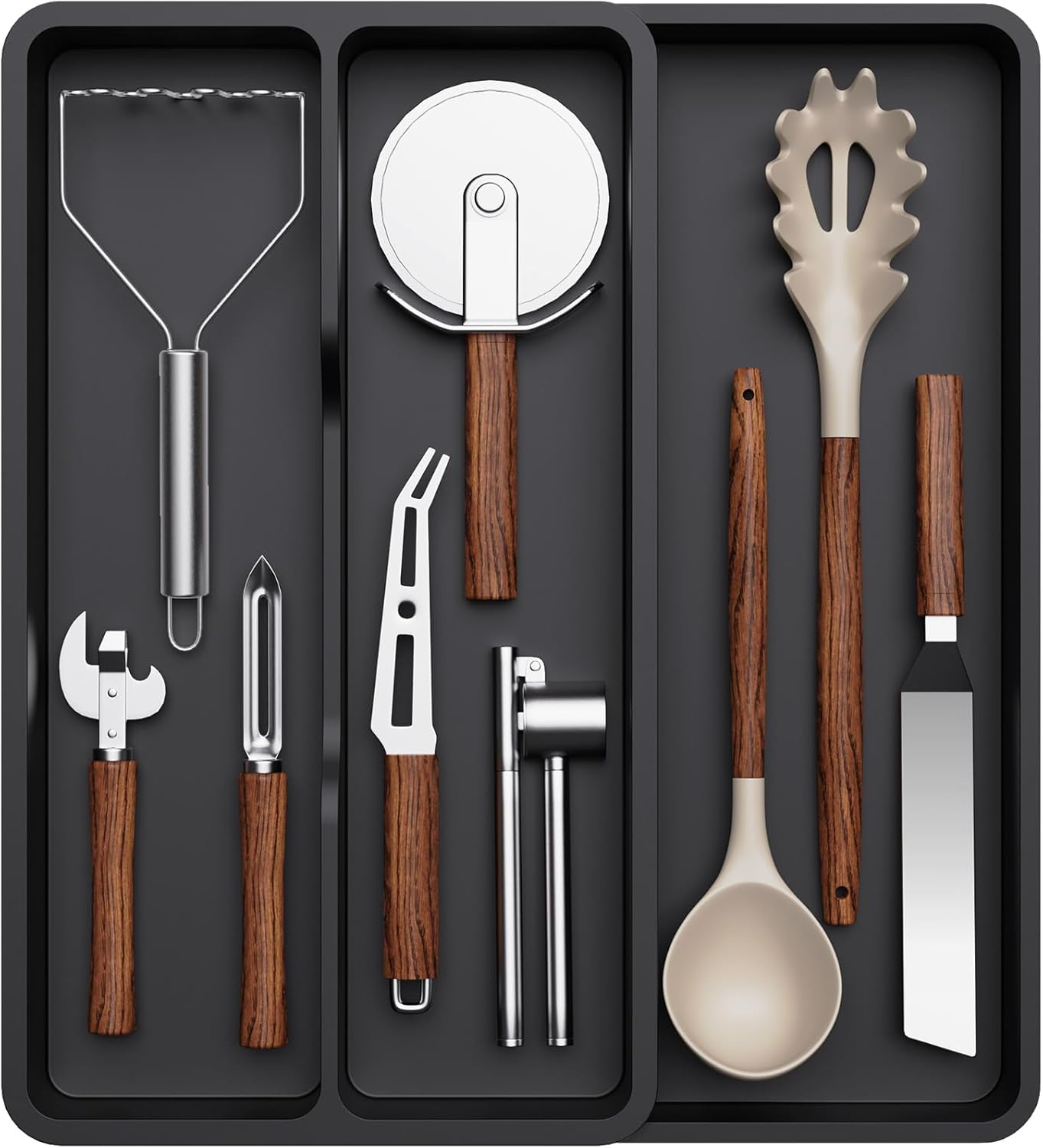 Lifewit Utensil Drawer Organizer, Expandable Cooking Silverware Tray for Kitchen Drawer, Adjustable Cutlery Flatware Holder, Plastic Spatula Tools and Gadgets Storage Divider, 3 Compartments, Black image number 7