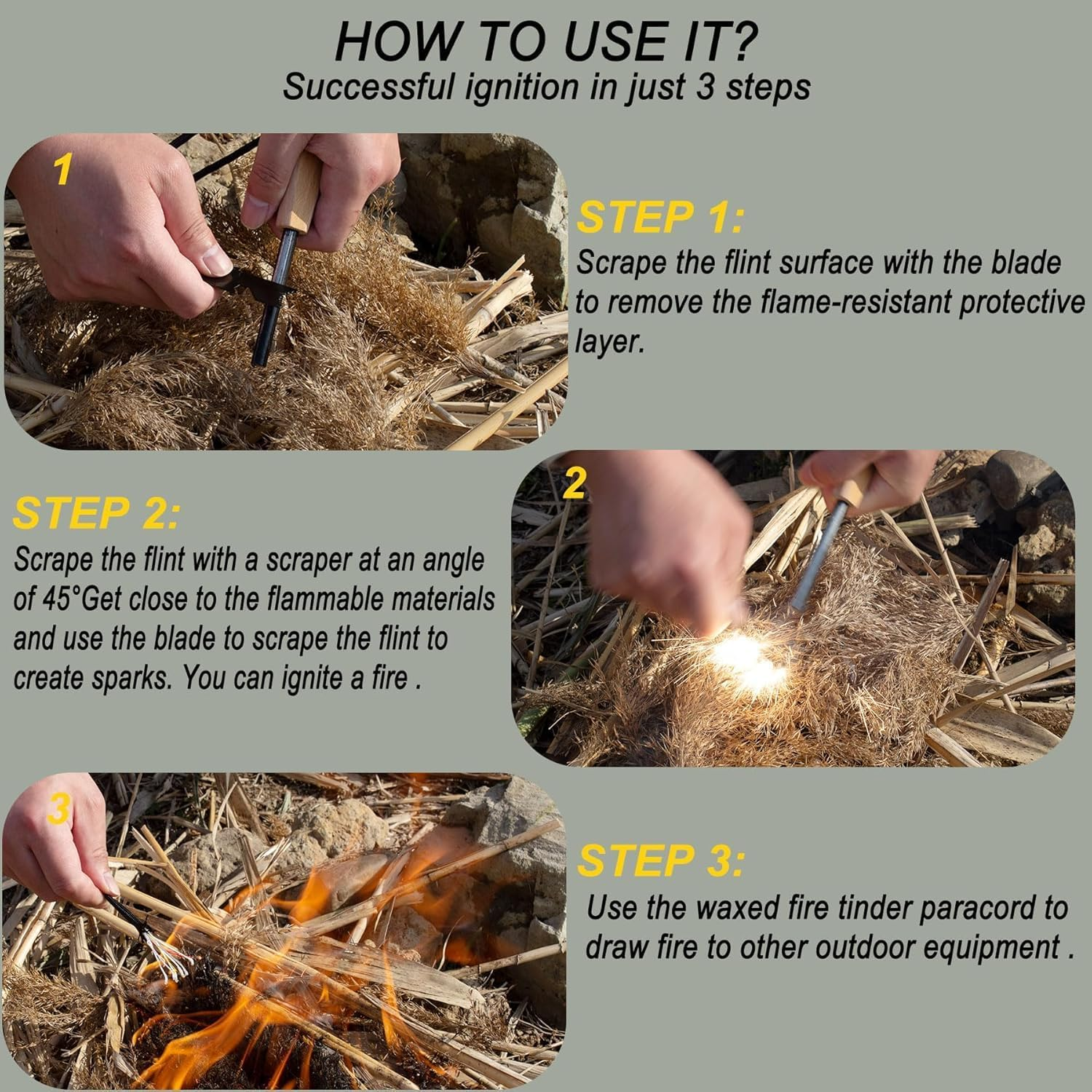 Outdoor Rod Flint Fire Starter with Handcrafted Wood Handle, | 20,000+ Strikes | Survival Flint and Steel Rods with Whistle,Carabiner,Paracord Reflective Neck-Wrist Lanyard for Your Camping Gear image number 2