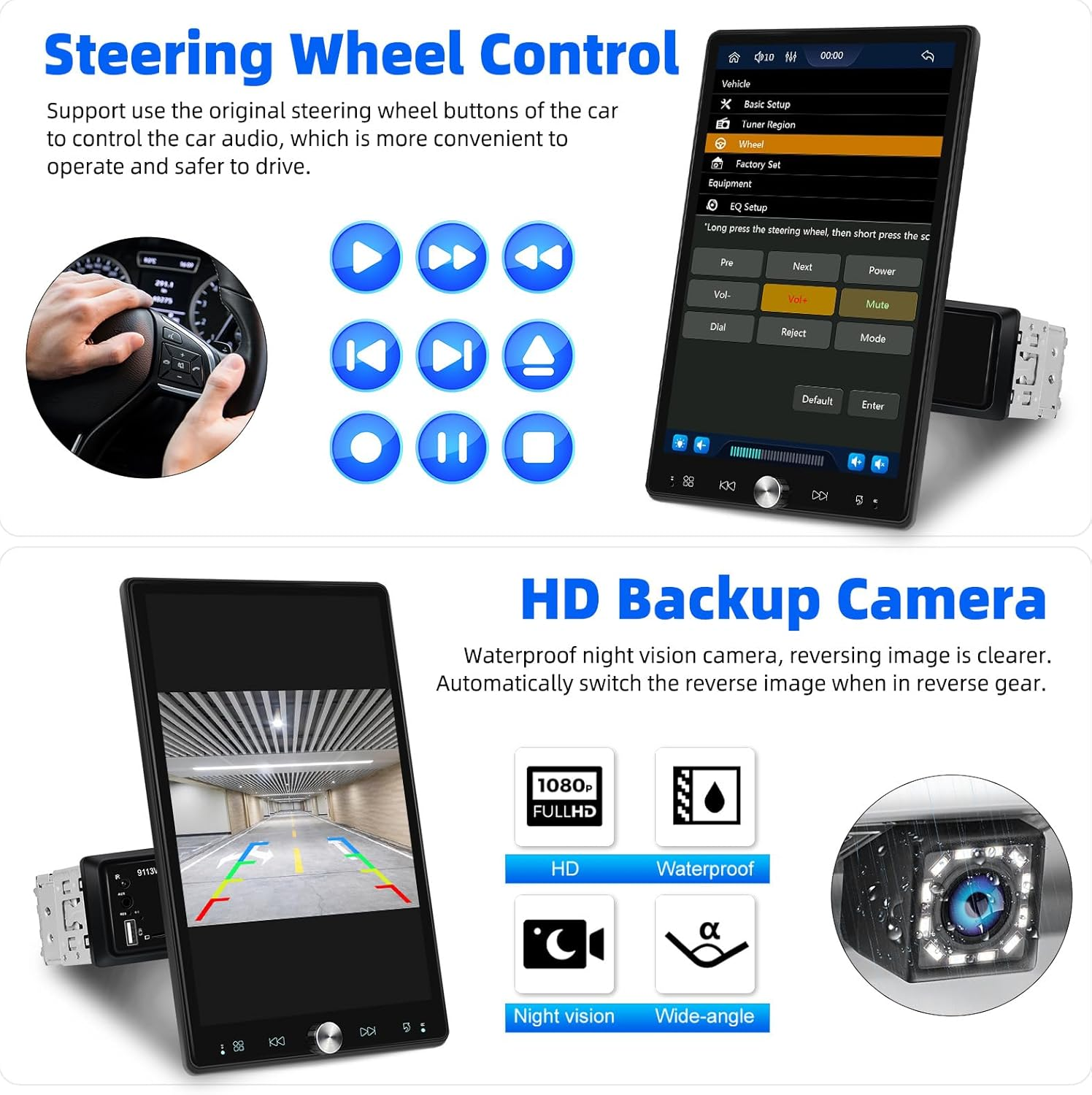 SIXTOP Single Din Car Stereo 10.4 Inch Touch Screen 180&deg;Rotate Vertical/Horizontal Screen Bluetooth Audio with Wireless Carplay & Android Auto Mirror Link FM Radio EQ USB+ AHD Camera & MIC image number 1