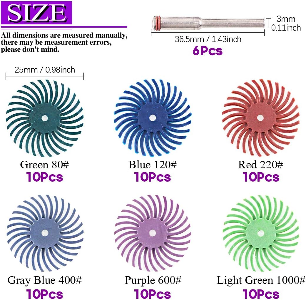 Swpeet 66Pcs 2.5Cm 6 Mixed Grit 80/120/220/400/600/1000 Radial Bristle Disc Abrasive Brush Gap Polishing Pad Buffing Wheel Assortment Kit with 0.3Cm Shank for Rotary Tools Cleaning Finishing Deburring image number 5