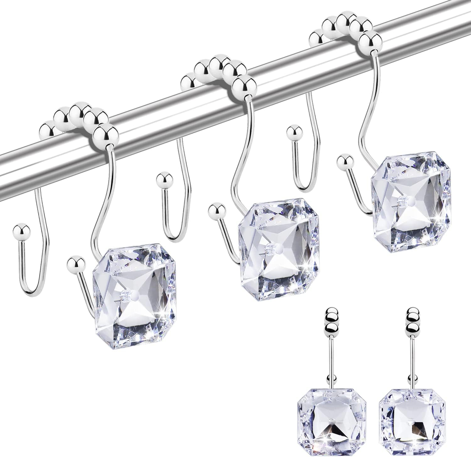 Yapicoco 12PCS Shower Curtain Hooks Rings for Bathroom, Double Hooks Glide anti Rust Crystal Rhinestones Hooks Rods Curtains and Liner (Crystal White)