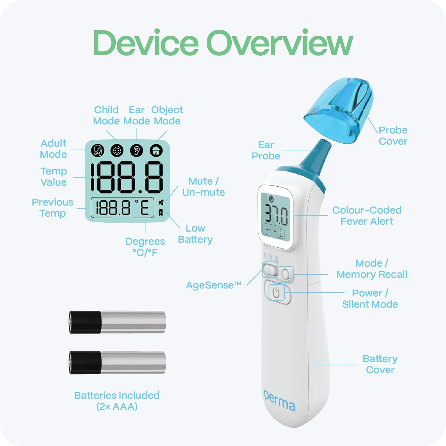 Perma 4-In-1 Digital Thermometer, One-Second Readings, Forehead/Ear/Room/Object Modes, Agesense Accuracy for Infants to Adults, Fever Indicator Backlit Display, Memory Recall, Hard Case Included image number 2