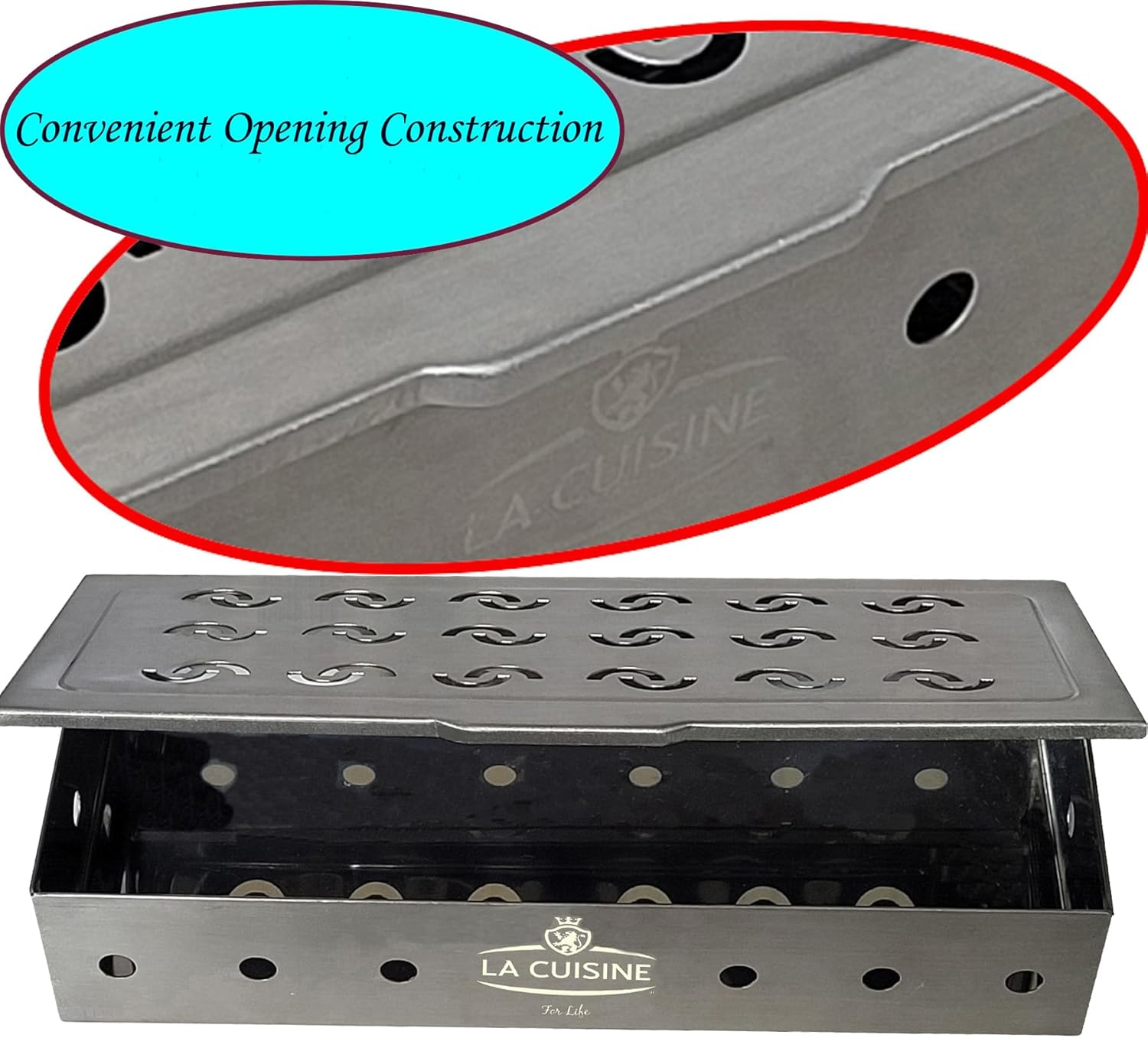 La Cuisine Smoker Box for Charcoal & Gas Grill Stainless Steel - BBQ Wood Chip Smoker Box, Enhance Grilling Flavors for BBQ, 9" L X 4" W X 2" H image number 5