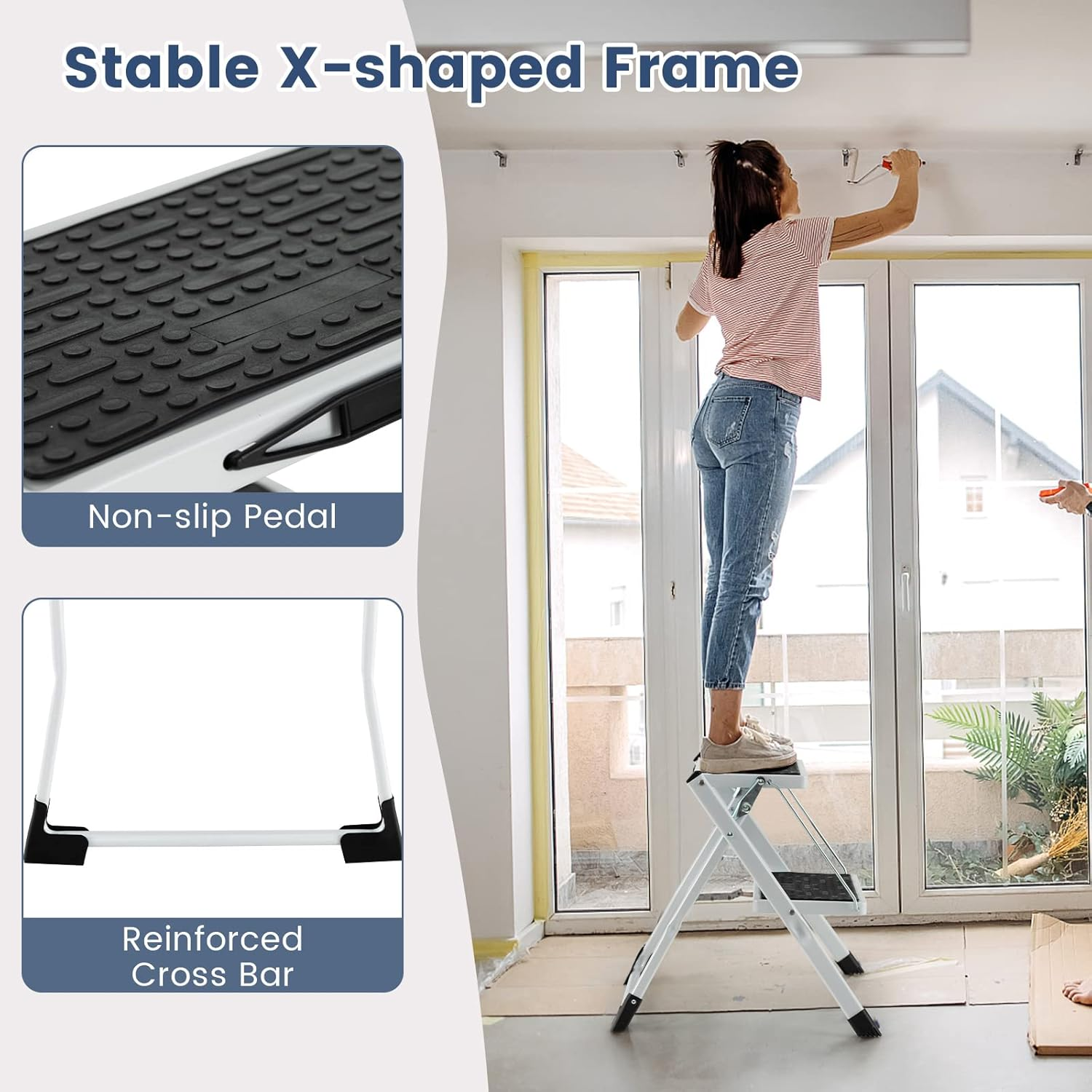Costway 2 Step Ladder, Folding Step Stool with Heavy-Duty Metal Frame, Anti-Slip Pedal & Large Foot Pads, Portable & Lightweight Stepladder with 150Kg Weight Capacity for Household, Office image number 3