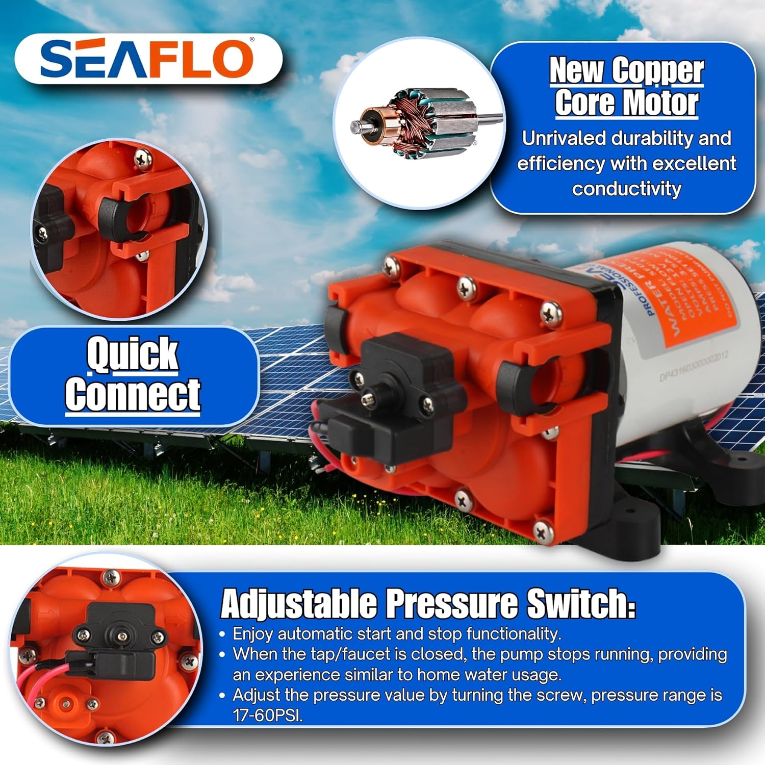 SEAFLO 43-Series Water Pressure Diaphragm Pump - 12V DC, 3.0 GPM, 55 PSI with Adjustable Pressure Switch, Self-Priming, UL & CSA Certified, Quick Attach - for RV, Boat, and Off-Grid Applications