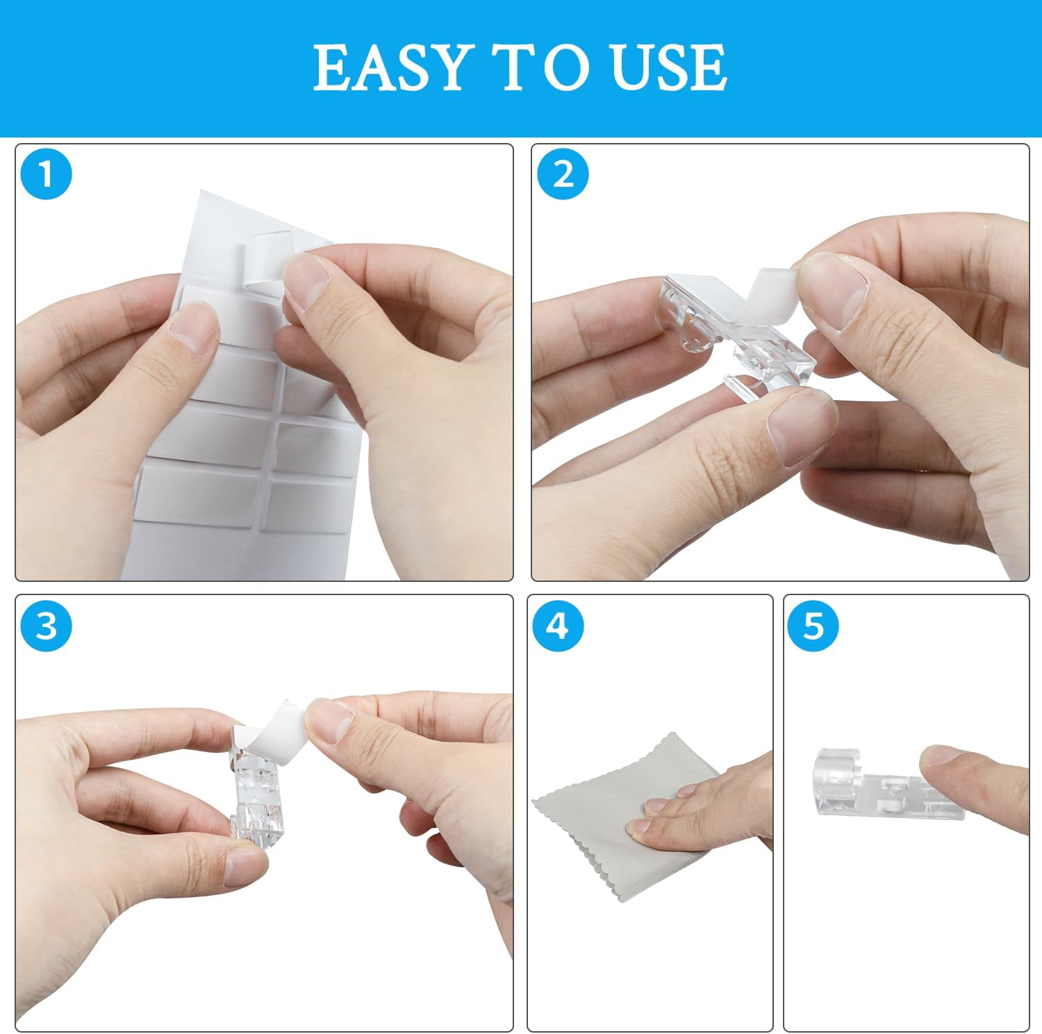 SOULWIT 50 Pcs Self Adhesive Cable Management Clips, Cable Organizers Sticky Wire Clips Cord Holder for TV PC Laptop Ethernet Cable Desktop Home Office (Transparent) - Black image number 6