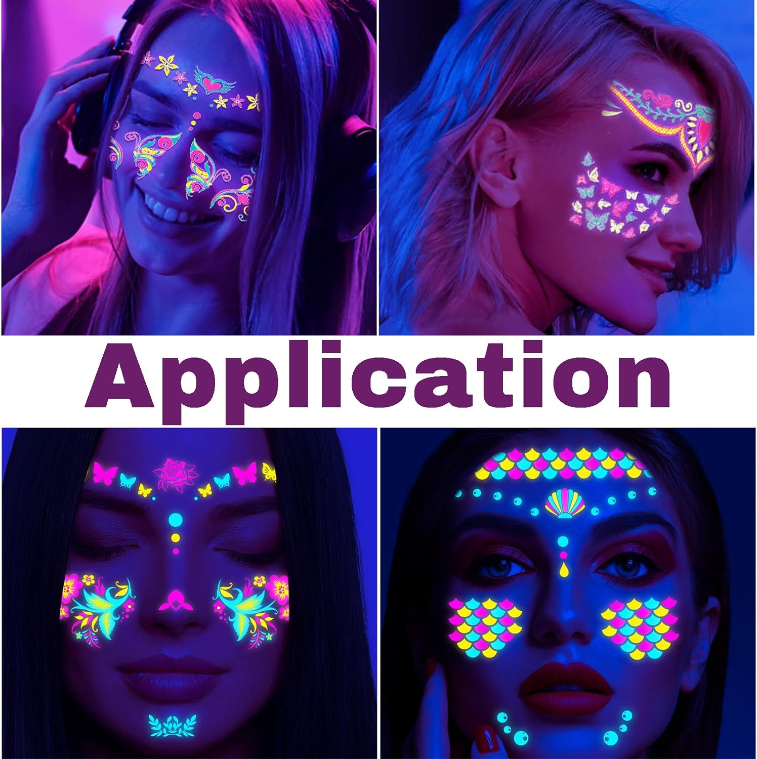 Glow in the Dark Fake Tattoos Stickers, UV Blacklight Neon Temporary Tattoos Stickers, UV Neon Fluorescence Waterproof Makeup Accessory Party Supplies for Adult Girls Women at Glow Party, Rave Festival, 8 PCS image number 5