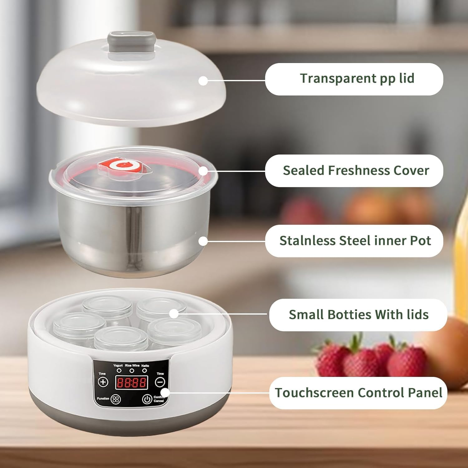 Automatic Yogurt Maker, Temperature & Time Conrtol 36H Electric Yogurt Maker Machine, Home Yogurt Jars with Tainless Steel Inner Container, 3-In-1 Greek Yugurt Maker (Yogurt Machine with 5 Cups) image number 2