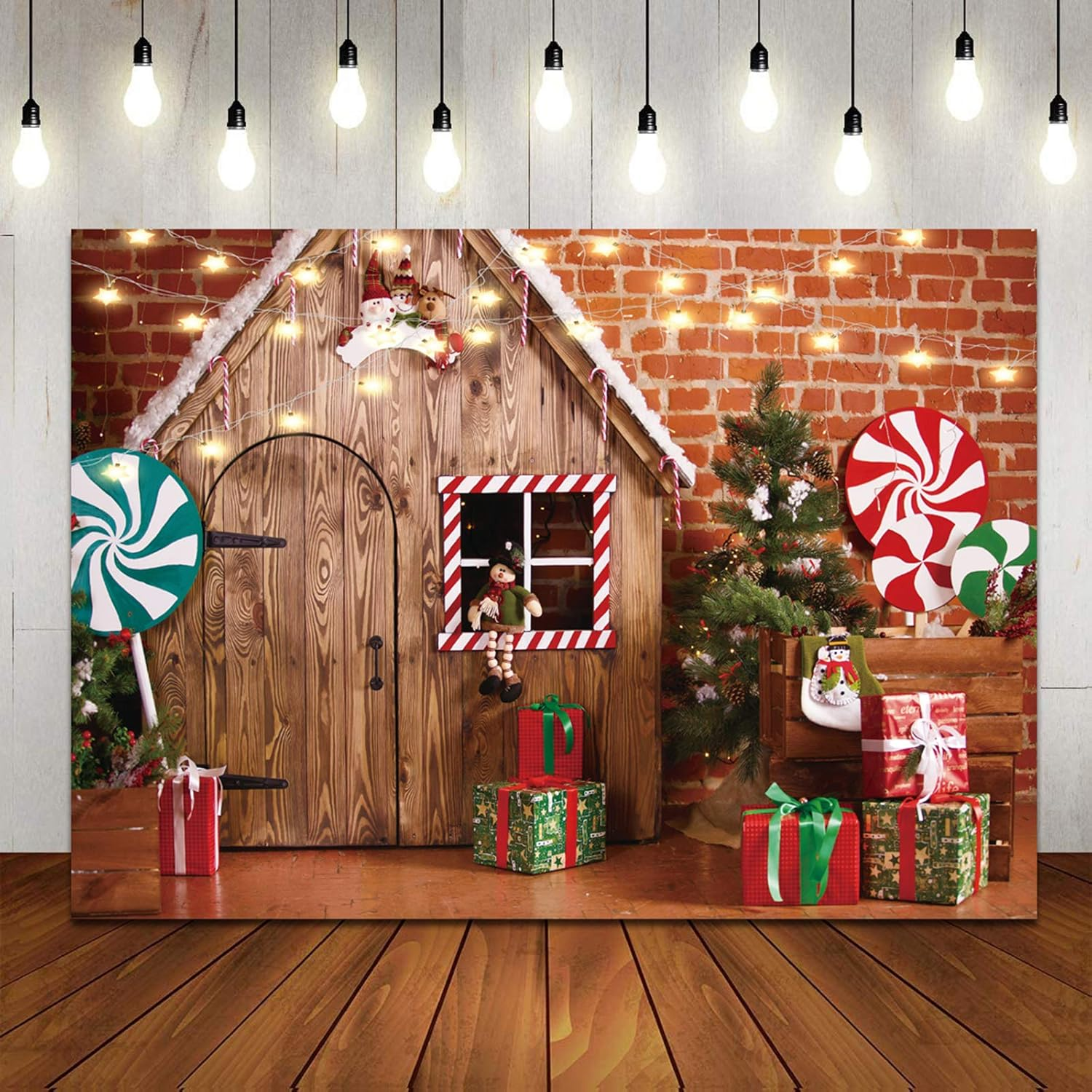 LTLYH 8X6Ft Christmas Fabric Photography Backdrop Gingerbread House Candy Tree and Gifts for Kids Portrait Photo Studio Booth Photographer Props 119 image number 2