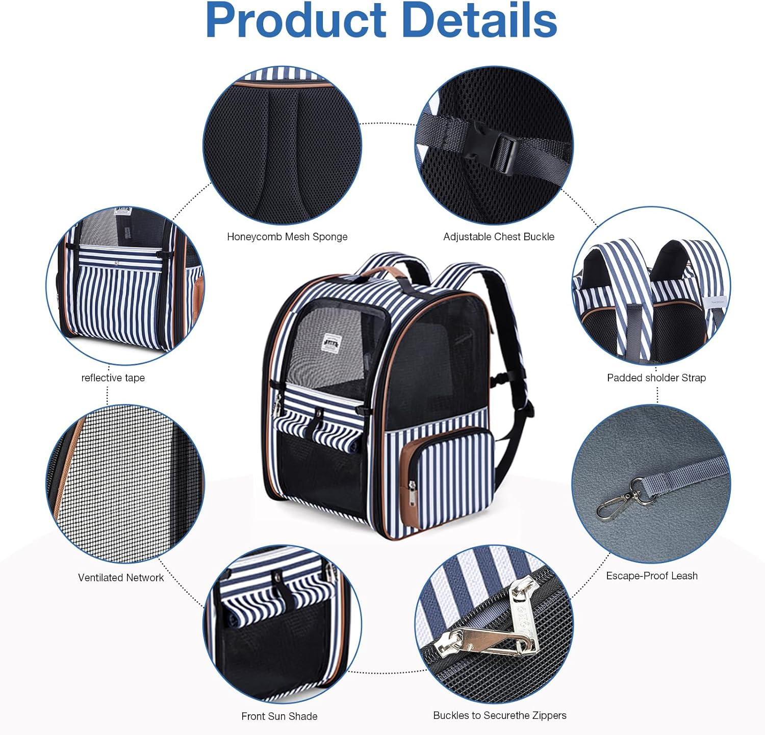 Lekespring Extra Large Cat Backpack Carrier Expandable Pet Carrier Backpack for Small Dogs Medium Cats Fit up to 12 Kg for Travel, Hiking, Blue Striped image number 4